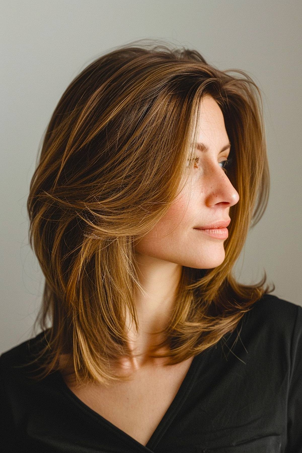 Feathered medium-length layered haircut with caramel balayage