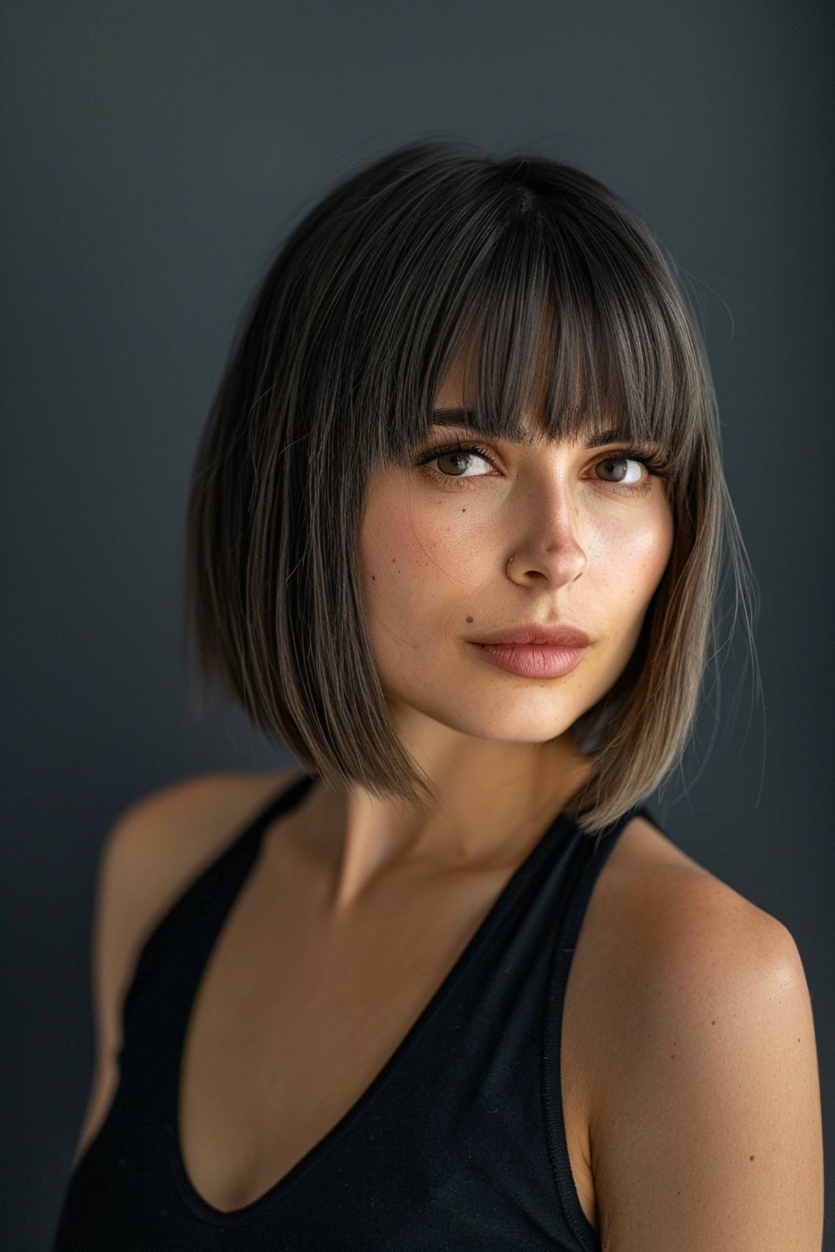 Sculptress cut with a neck-length bob, tapered ends, and soft bangs in ash-brown color