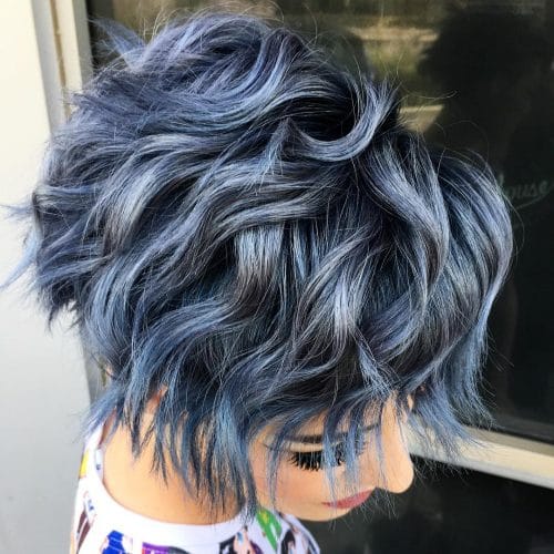 Blue Metallic Inverted Bob with Wavy Hair