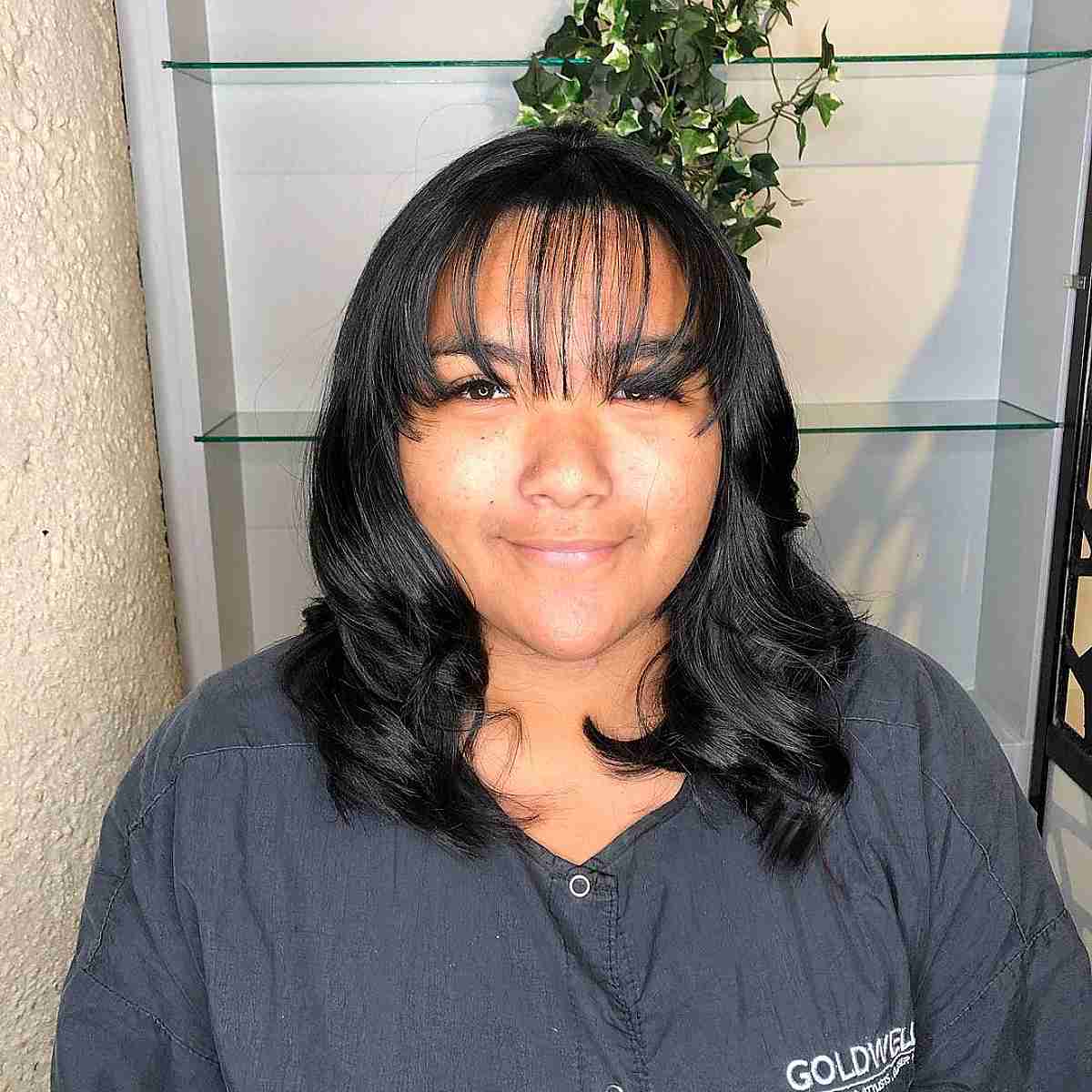 See-Through Long Arched Bangs on Wavy Mid-Length Hair