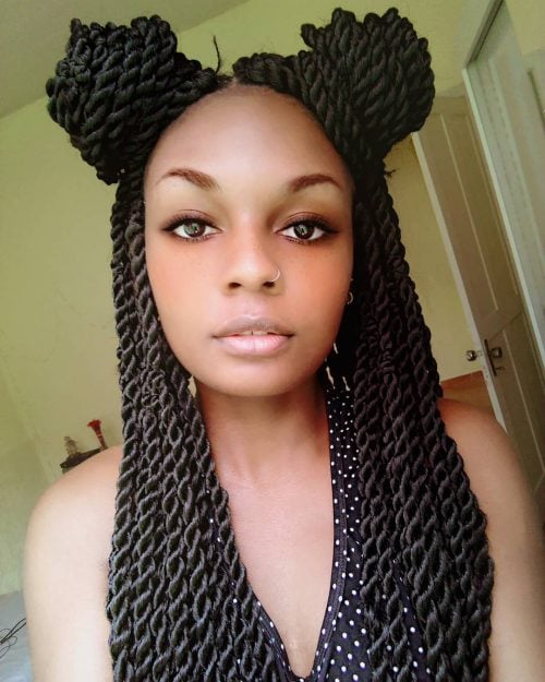 Senegalese Twist into two buns hairstyle