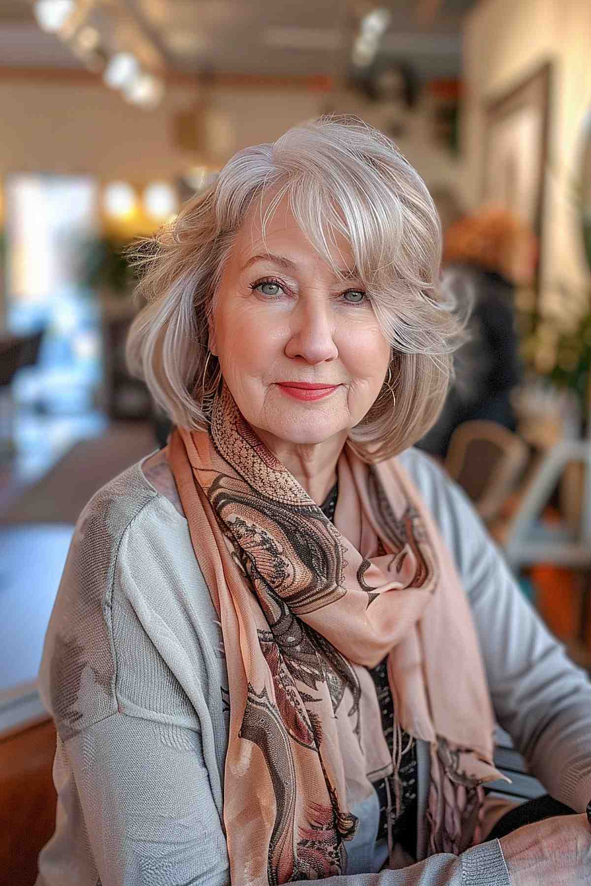 Senior Woman with Fine Hair and Silver Layered Hairstyle