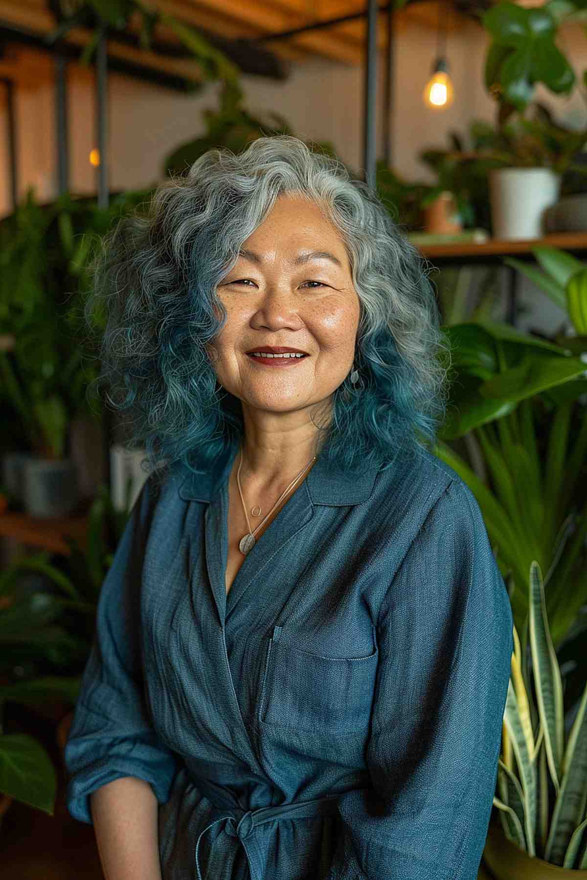 Senior Woman with Grey and Blue Wavy Hair
