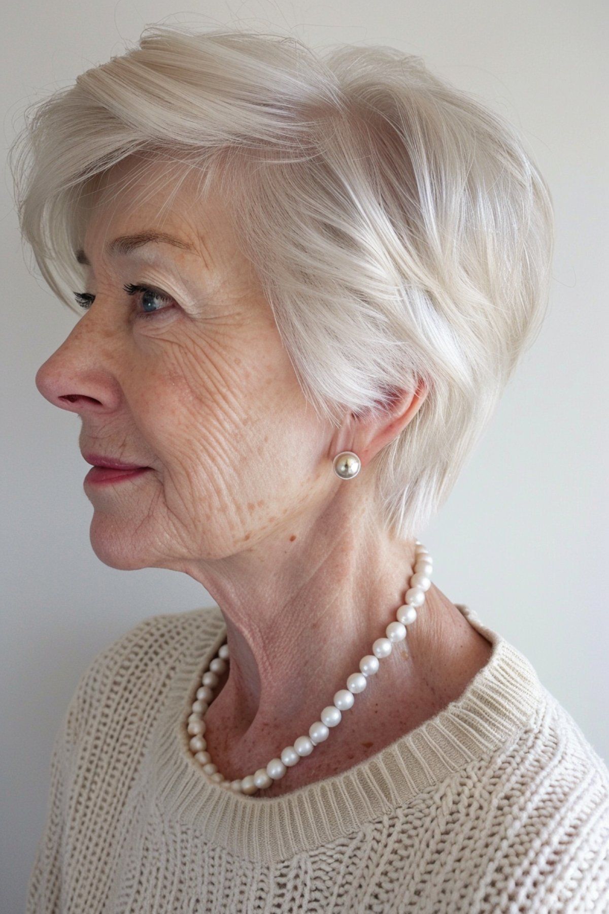Senior woman with sleek silver stacked pixie cut