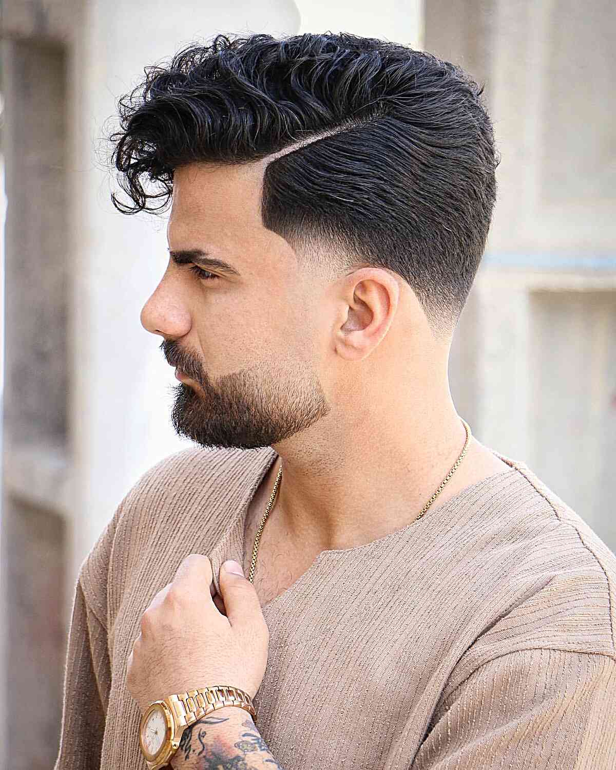 Sexy Beard Fade with a Sharp Hard Part for Guys