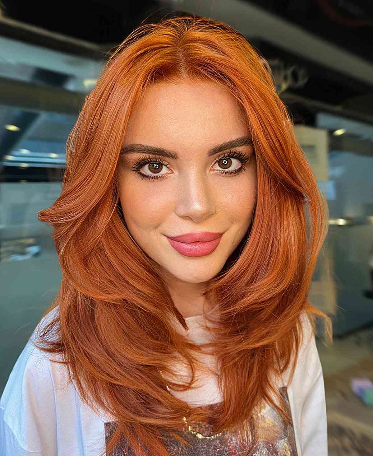 Sexy Copper Face-Framing Layers on Medium-Length Hair