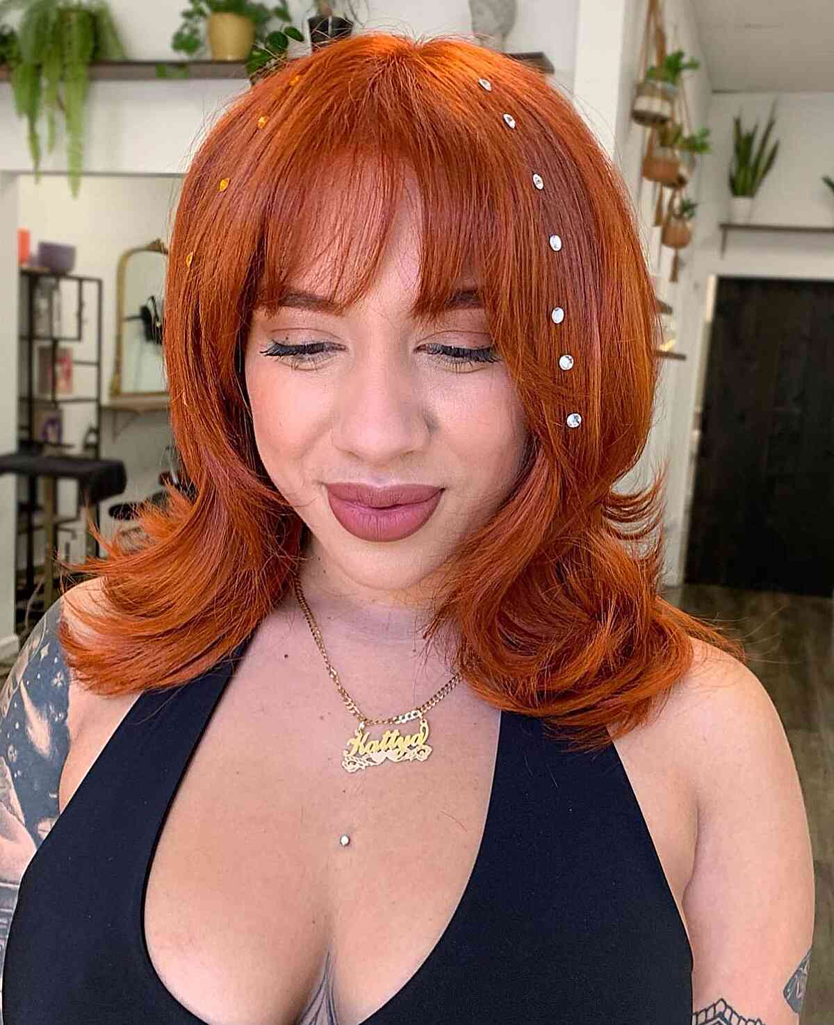 Sexy Copper Medium Hair with Waterfall Bangs