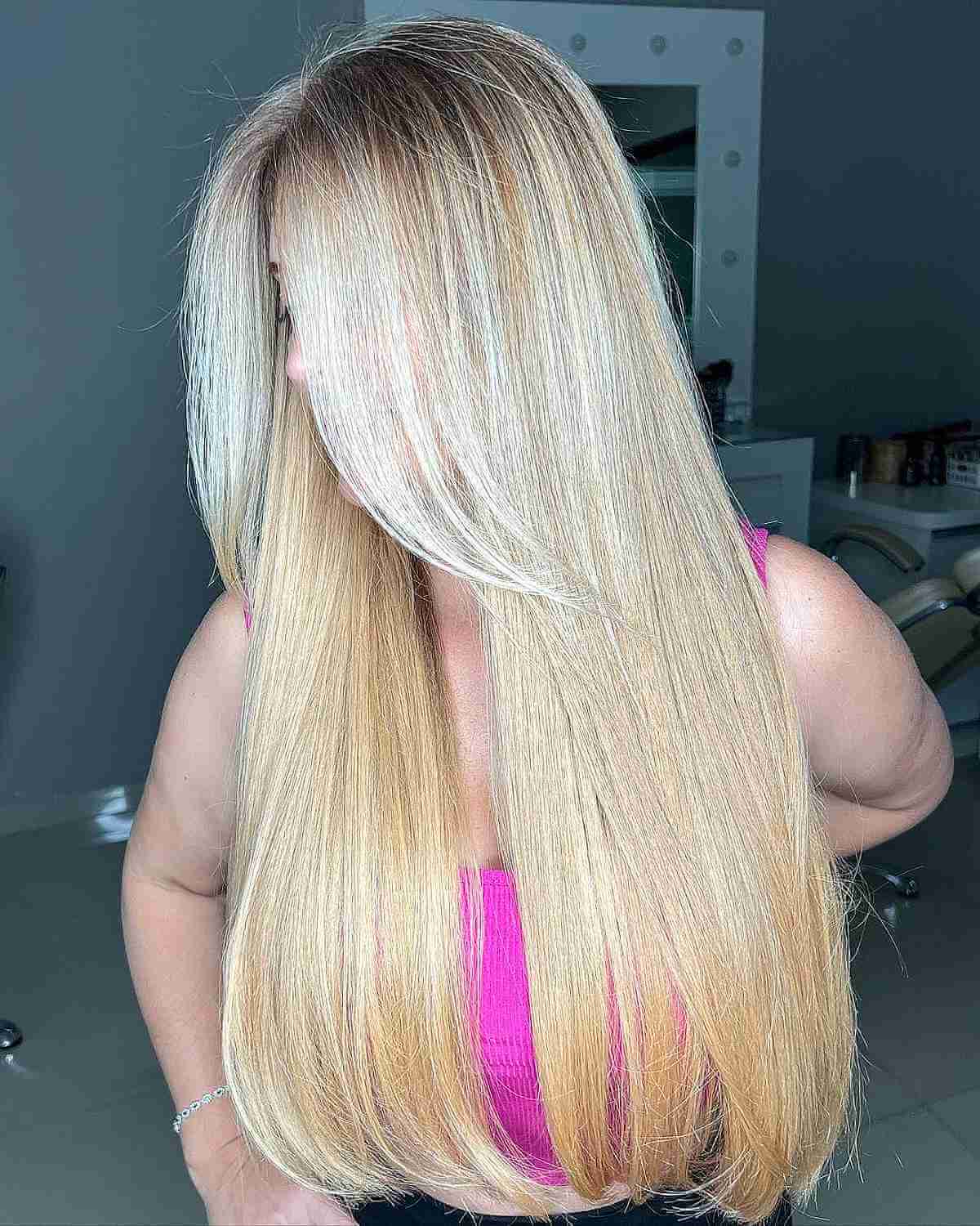 Shadow-Rooted Blonde Highlights on Extra Long Straight Hair