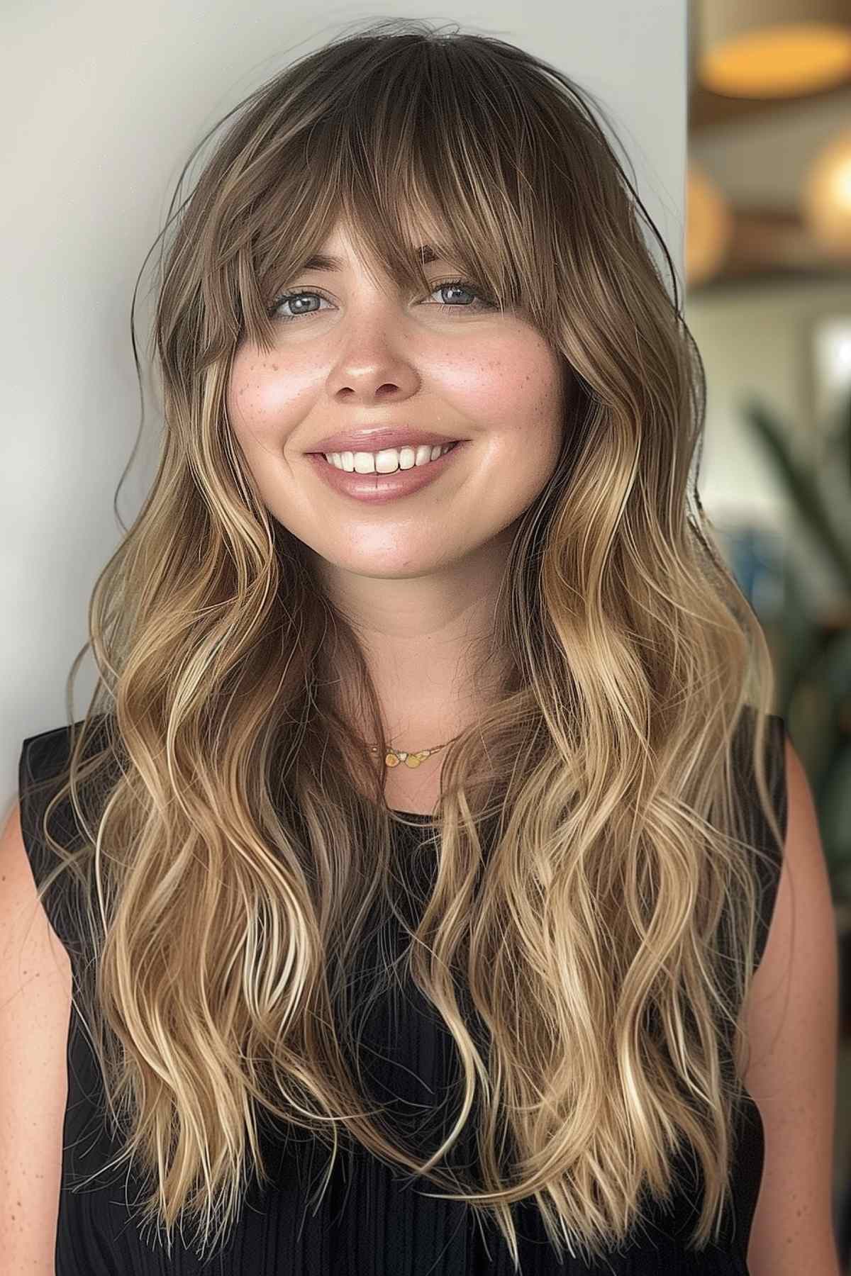 Woman with shaggy bangs and long beachy waves for an edgy style