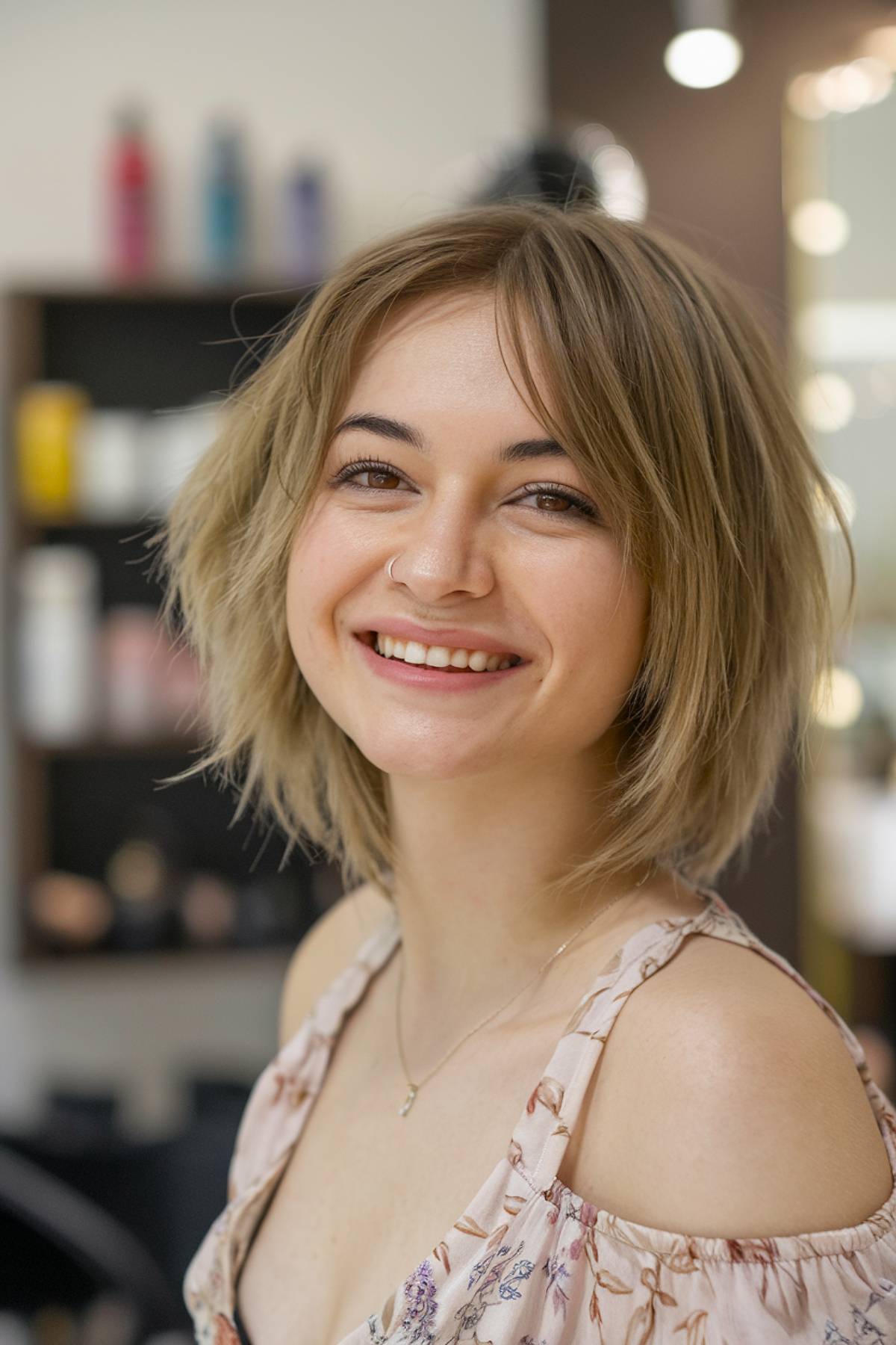 Straight shaggy bob with soft choppy layers for a sleek yet voluminous look on fine hair