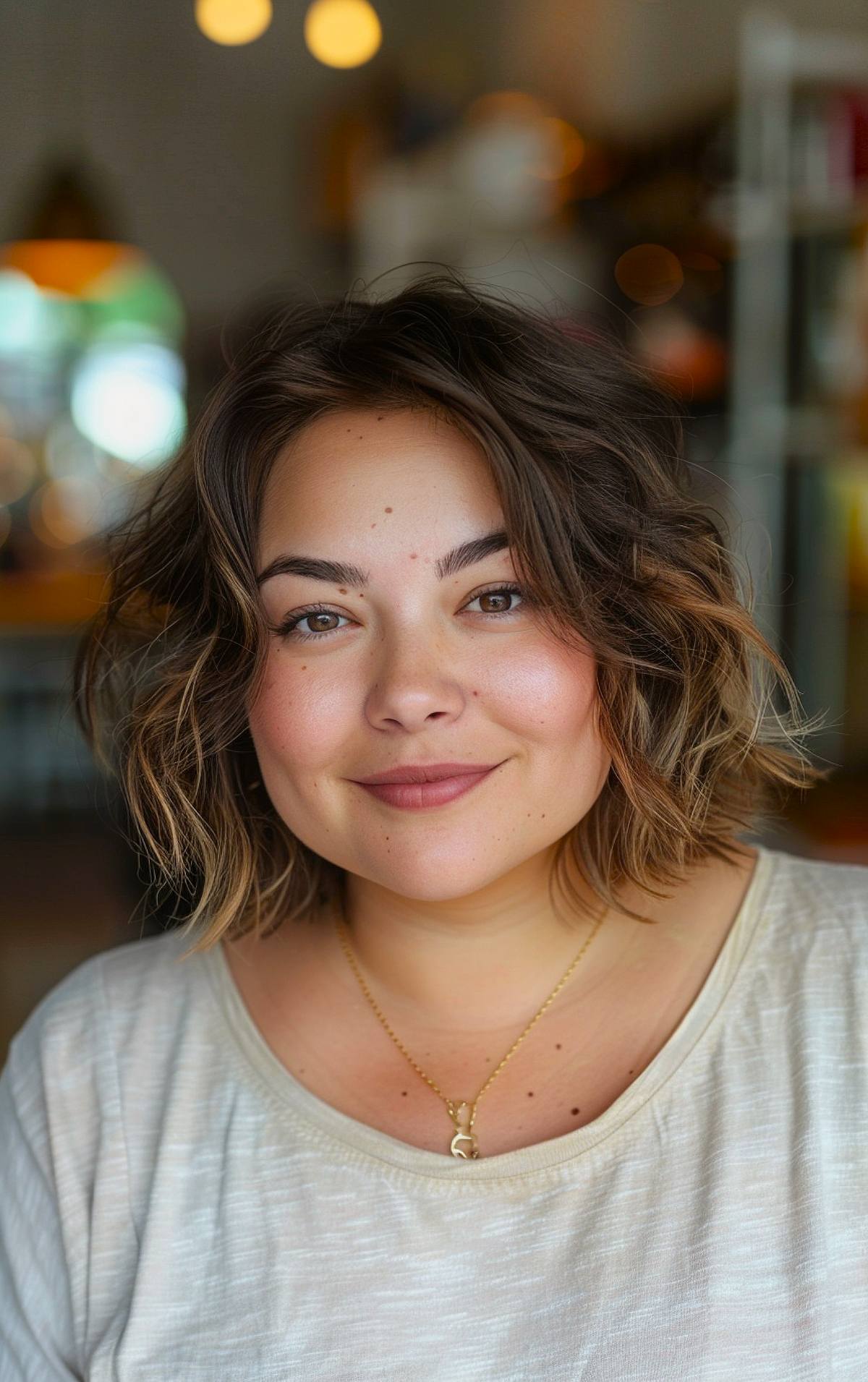 Shaggy bob hairstyle for fine hair and chubby faces with tousled waves