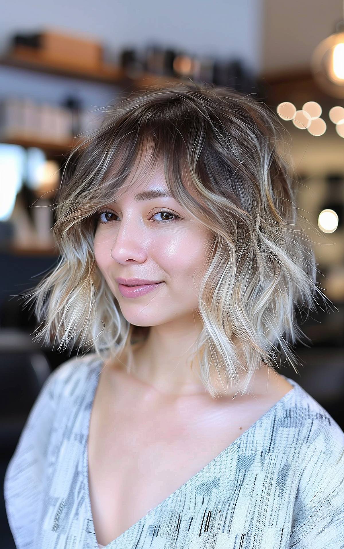 Shaggy bob for fine hair with choppy layers and balayage