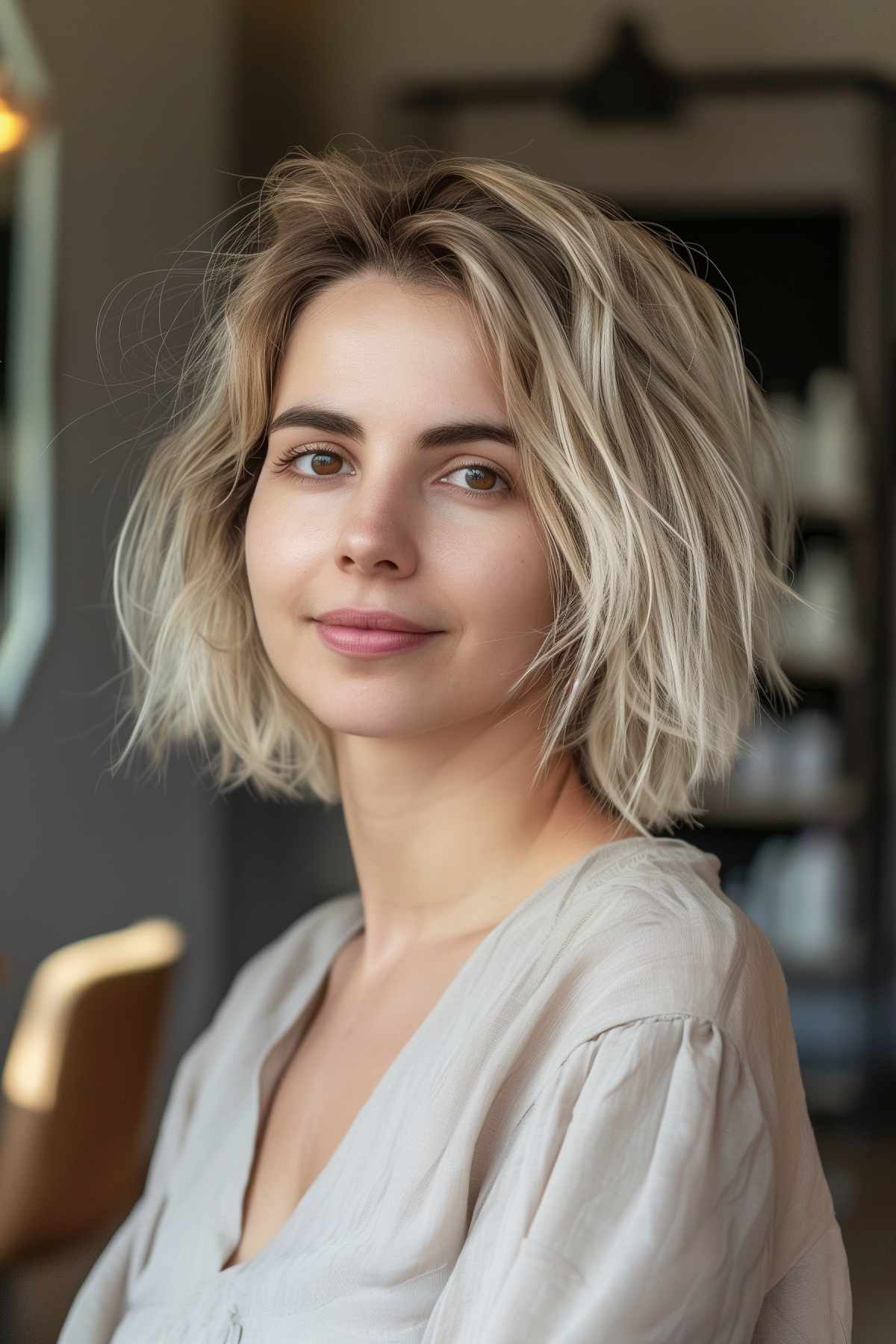 Woman with shaggy bob hairstyle for thick hair