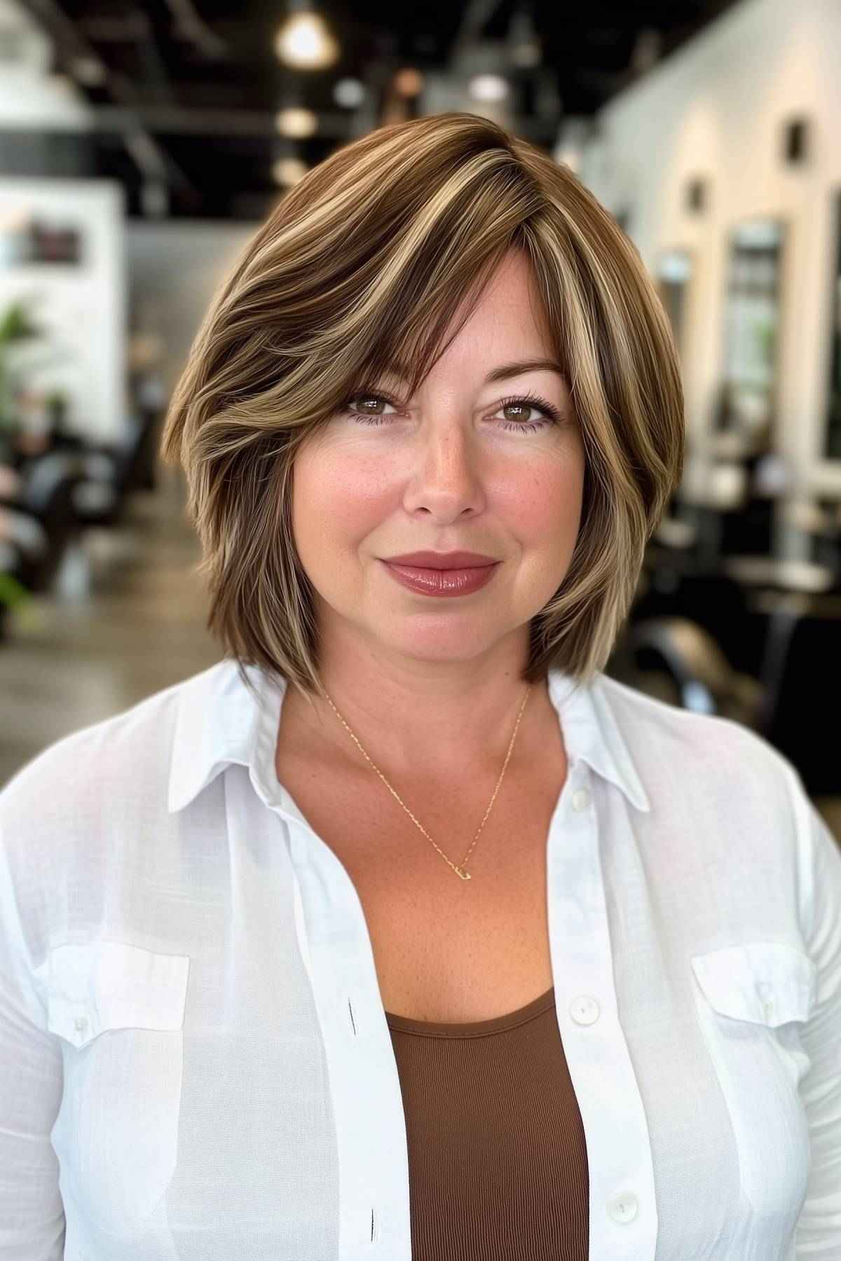 Shaggy bob hairstyles for round faces with face-framing layers and side-swept bangs