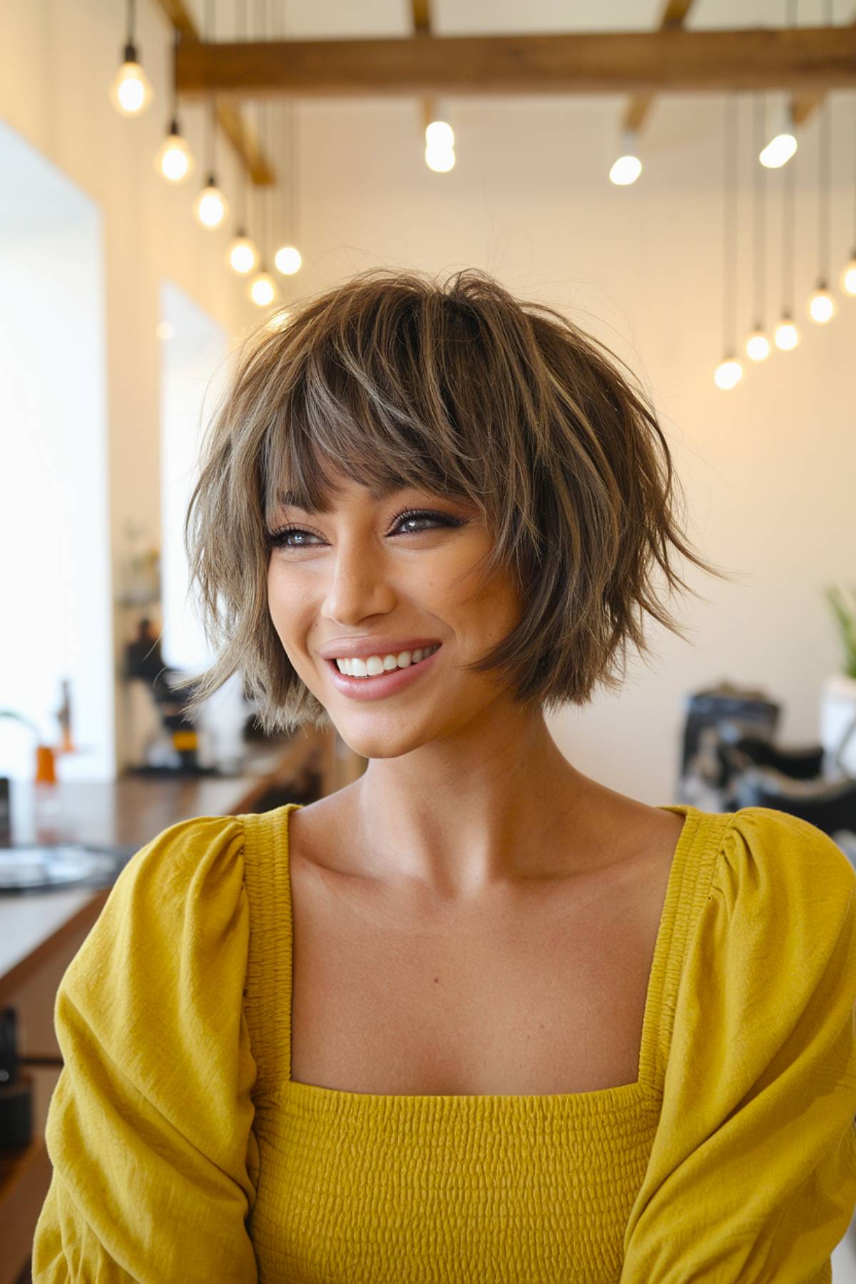 Shaggy bob with bangs, featuring choppy layers for volume and movement in fine hair