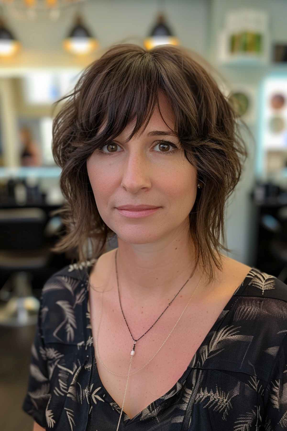 Textured shaggy bob with bangs on a woman with medium to thick hair.