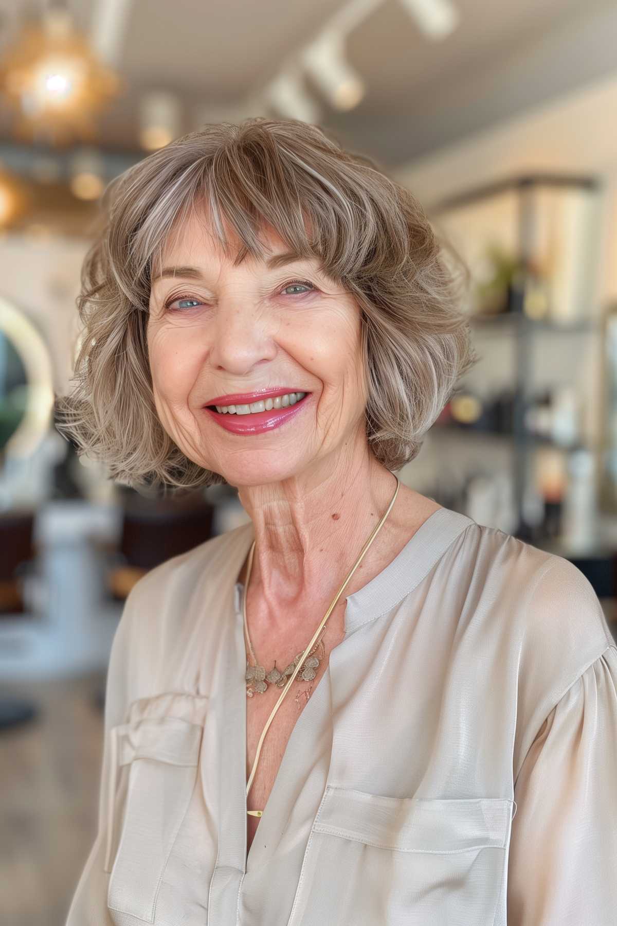 Shaggy bob with wispy bangs for women over 70 with fine hair