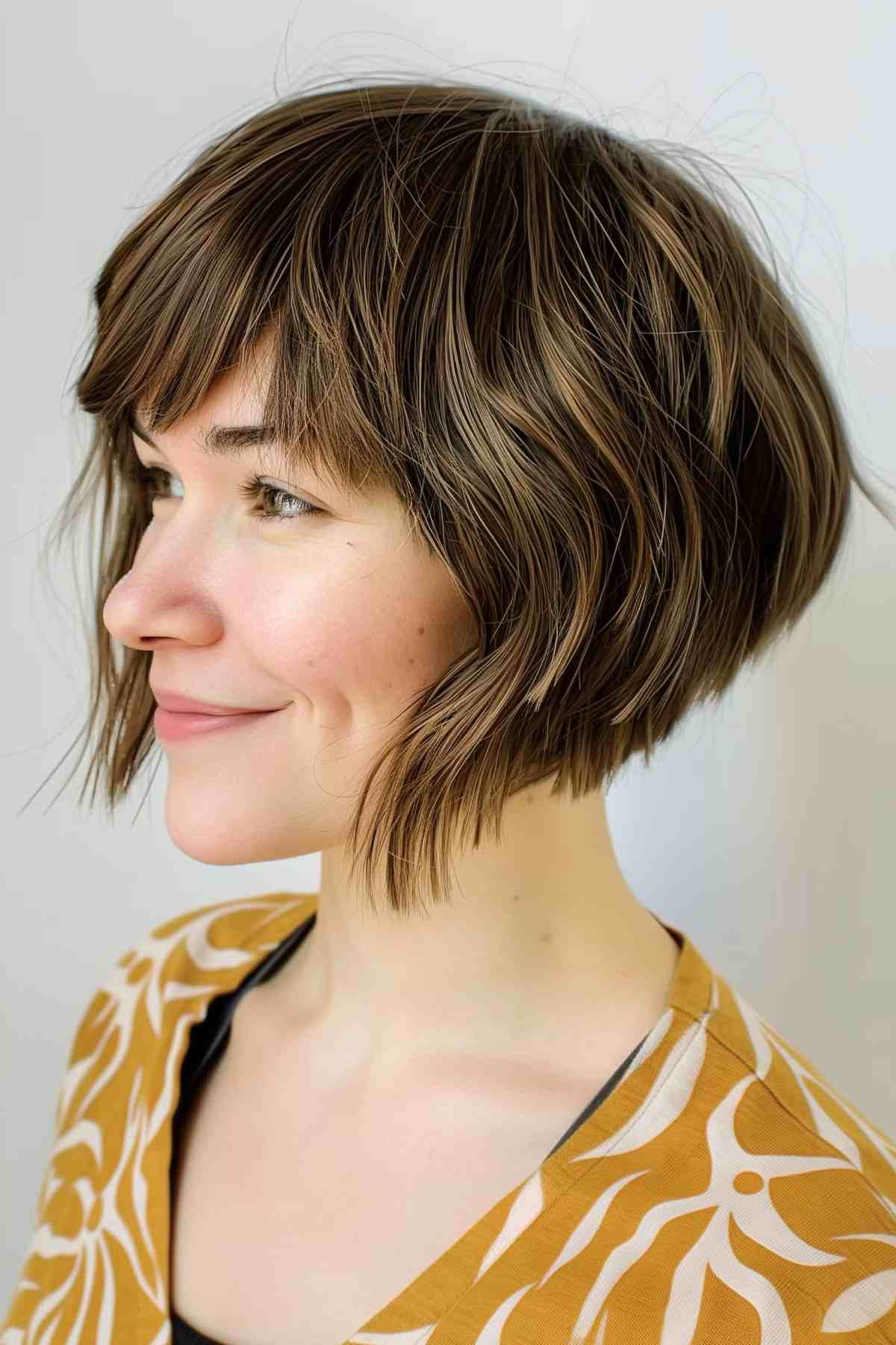 A chin-length, shaggy A-line bob with irregular layers and subtle waves at the front.