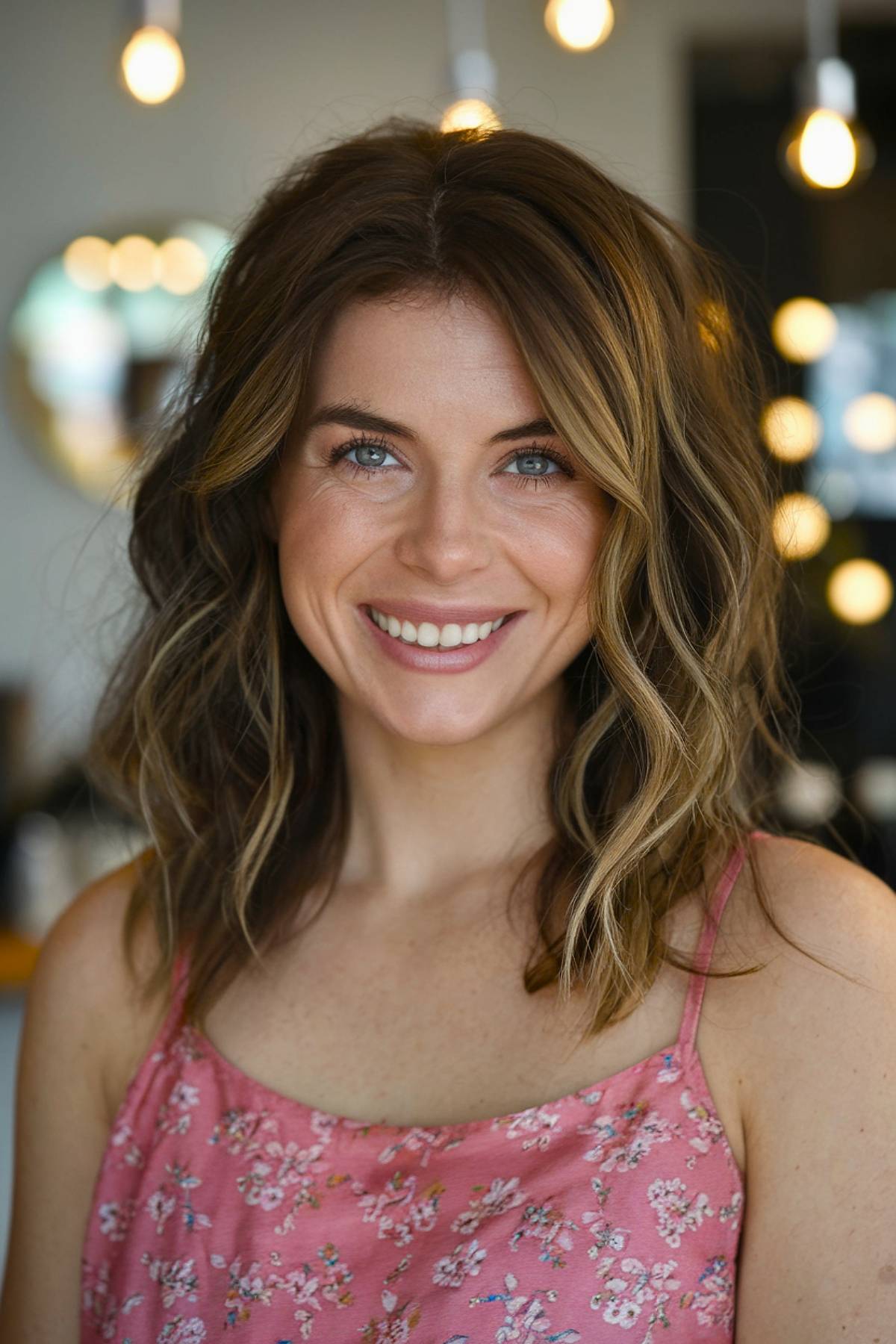 Medium-length shag haircut with layered waves and subtle highlights for texture and volume