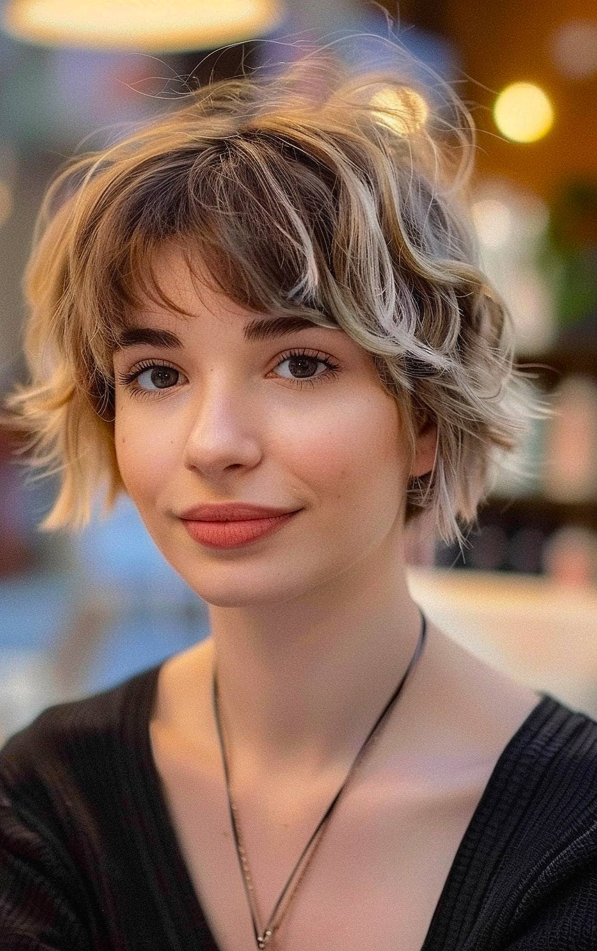 Shaggy layered pixie bob hairstyle with choppy layers and fringe