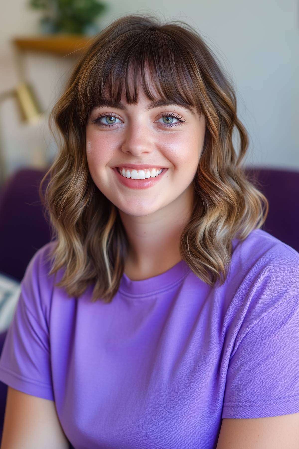 Shaggy lob with bangs for fine hair on a young woman