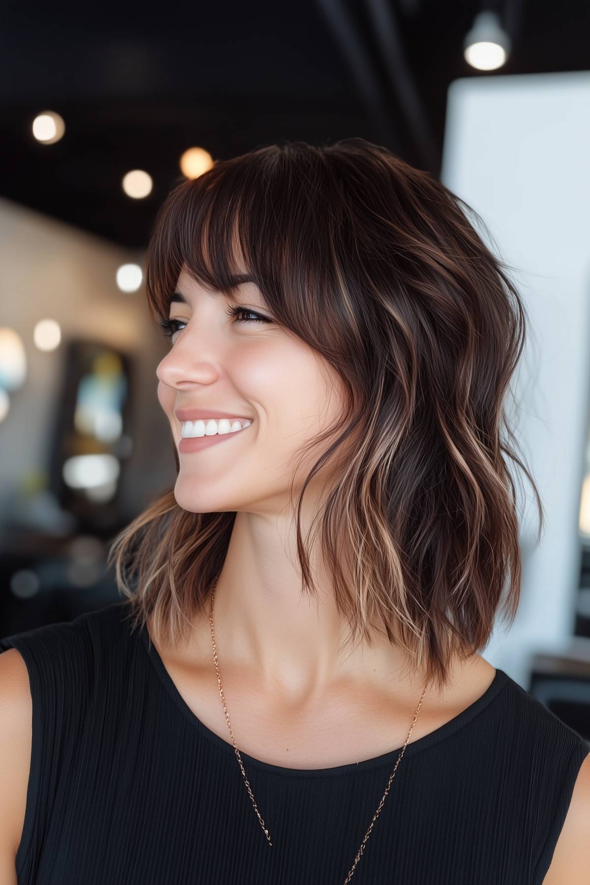 Woman with a shaggy lob haircut and bangs, featuring subtle highlights