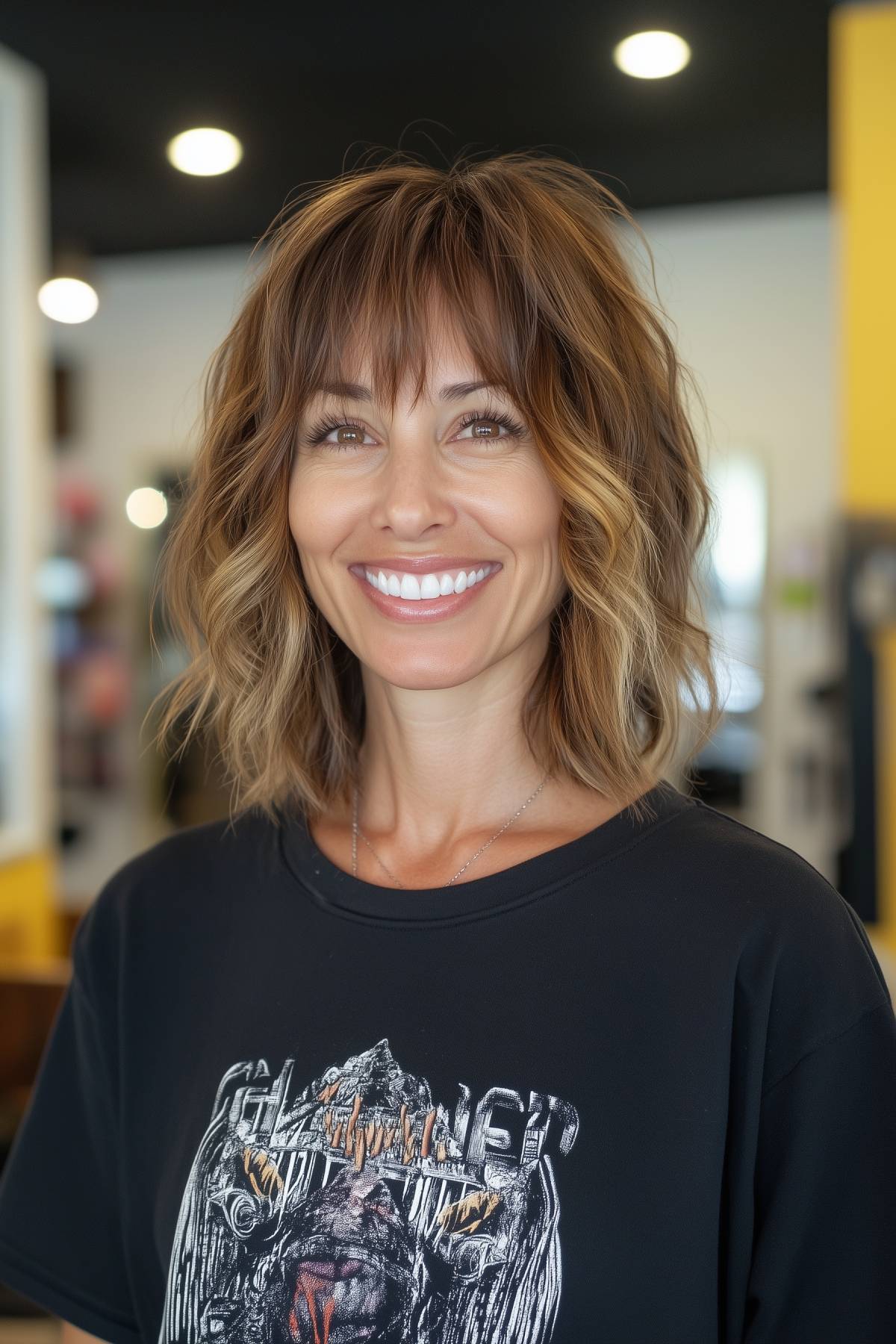 Woman with a shaggy lob haircut and bangs for thin hair, featuring subtle highlights