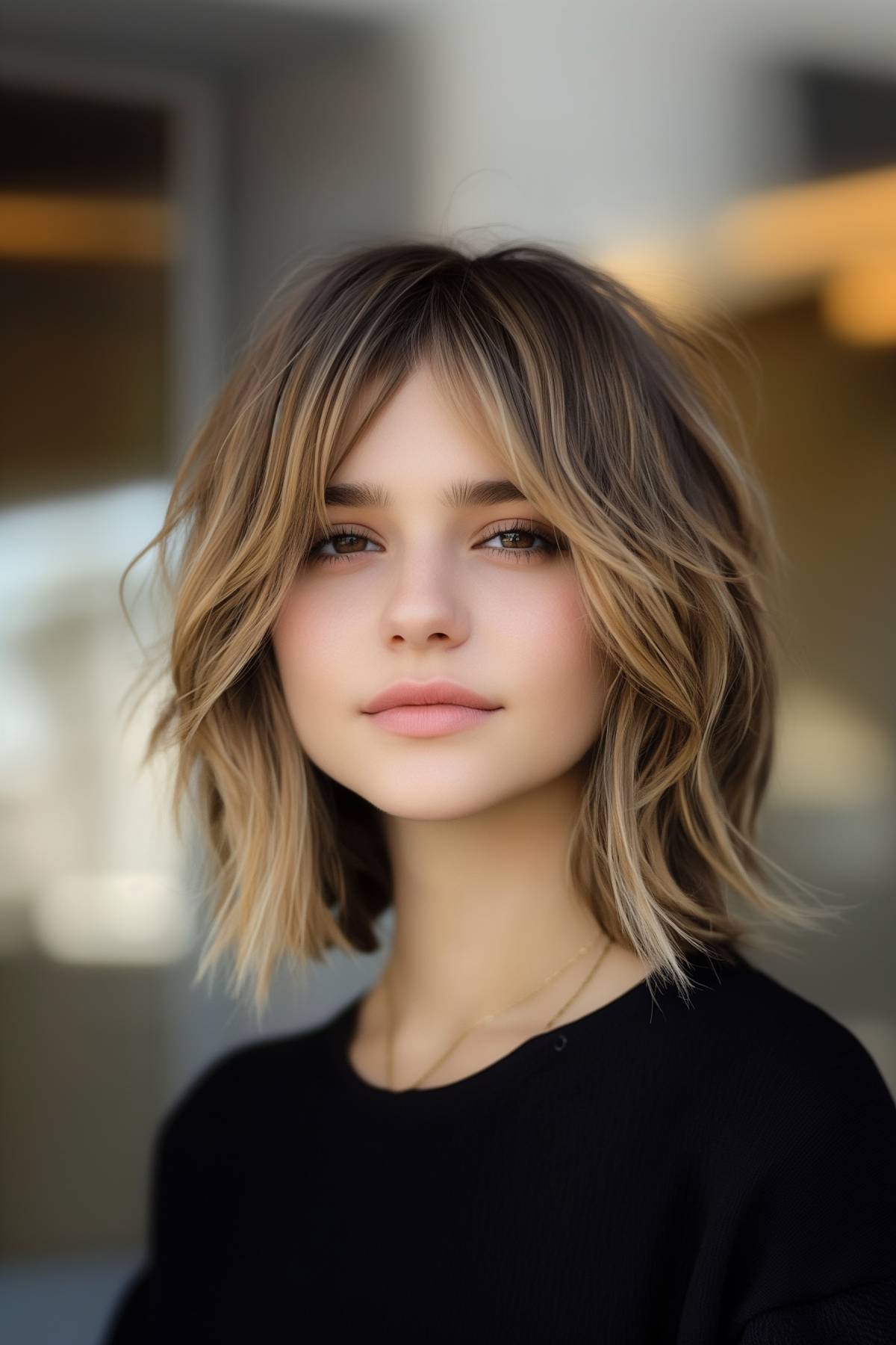 Woman with a shaggy lob and curtain bangs for medium hair