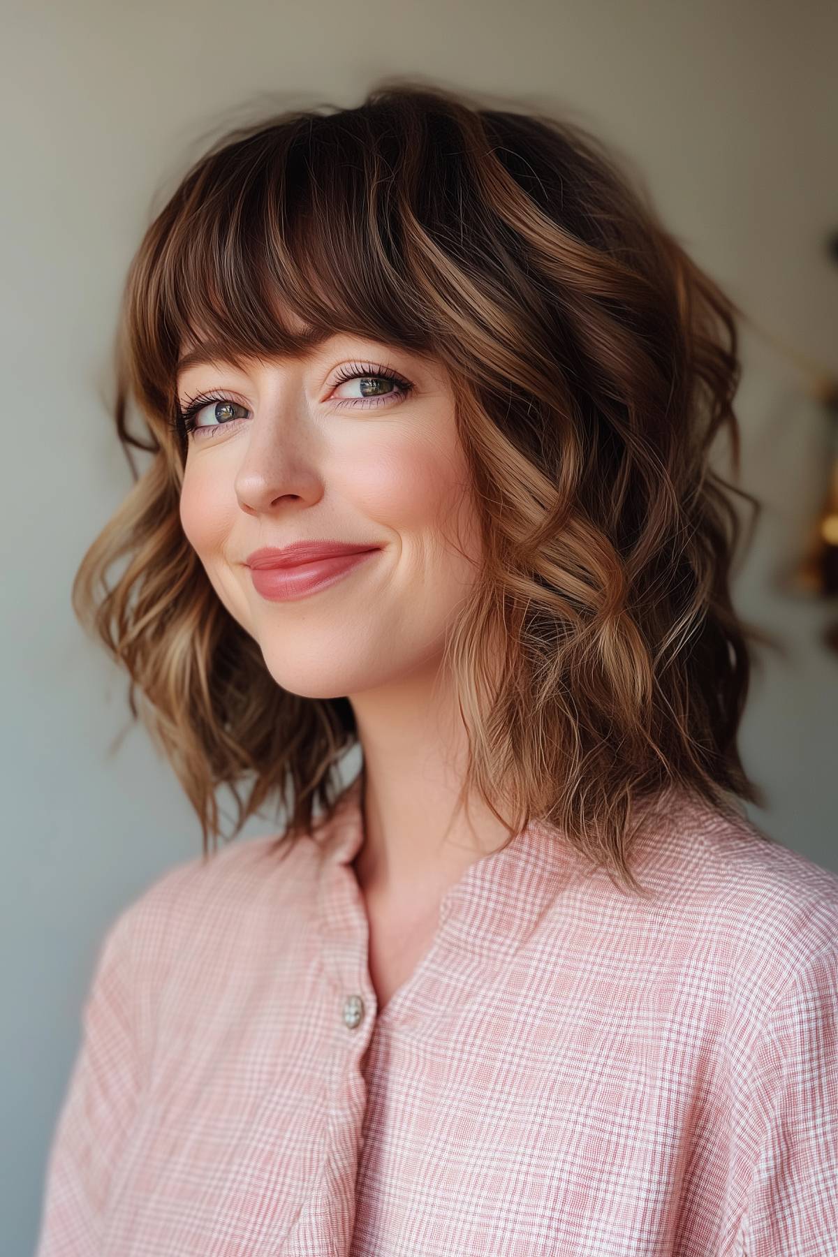 Woman with shaggy lob haircut with soft waves and bangs