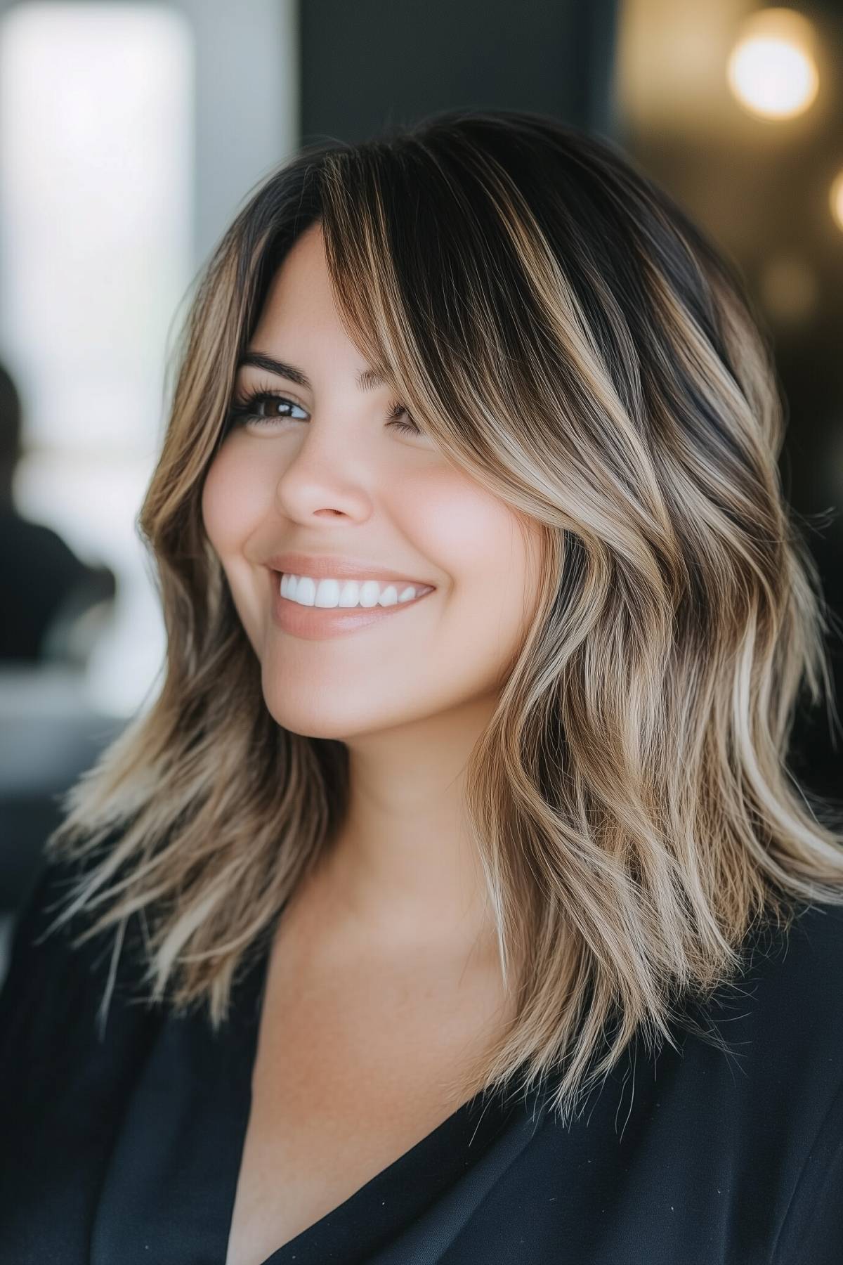 Woman with a shaggy lob haircut and soft face-framing bangs