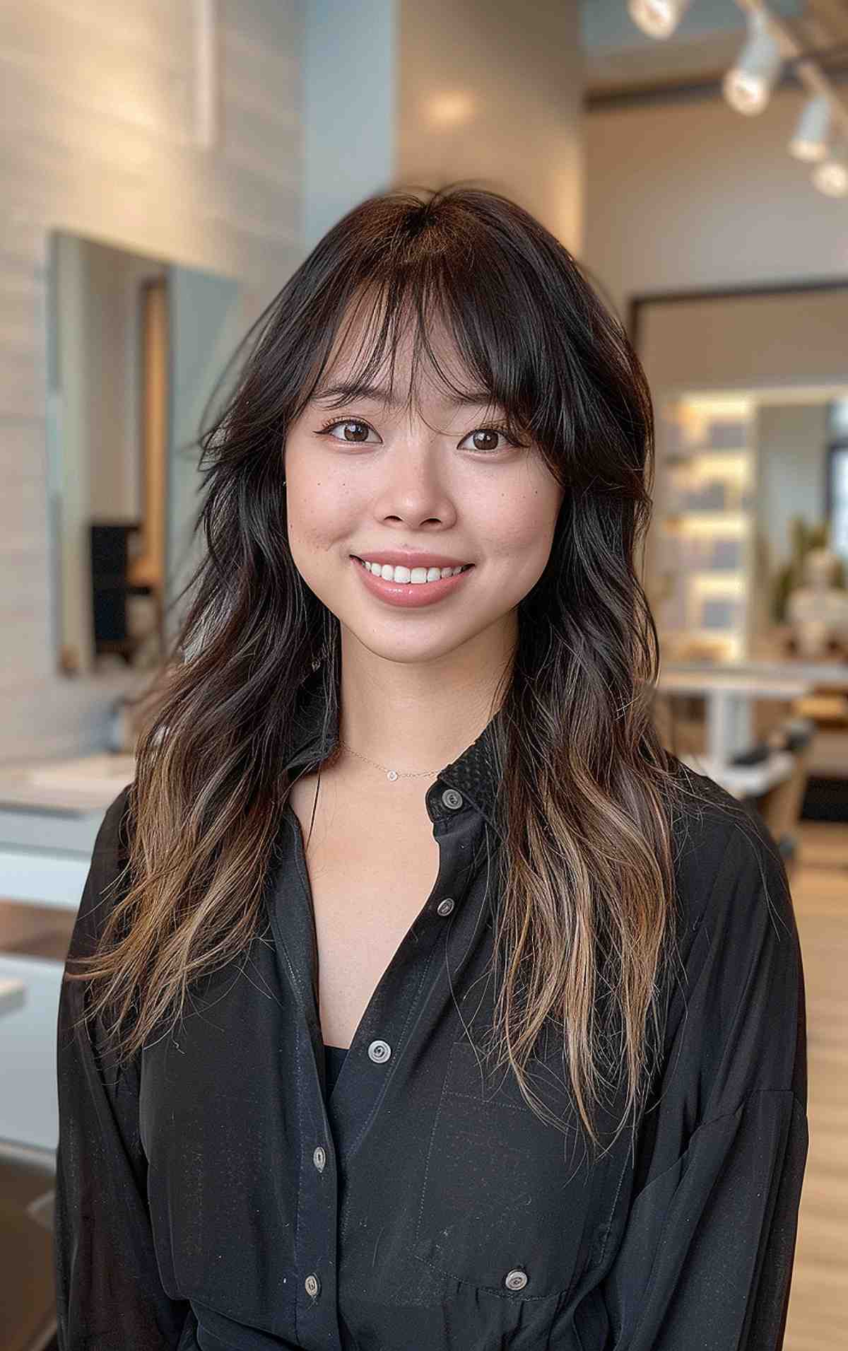 shaggy long haircut with bangs for asian women