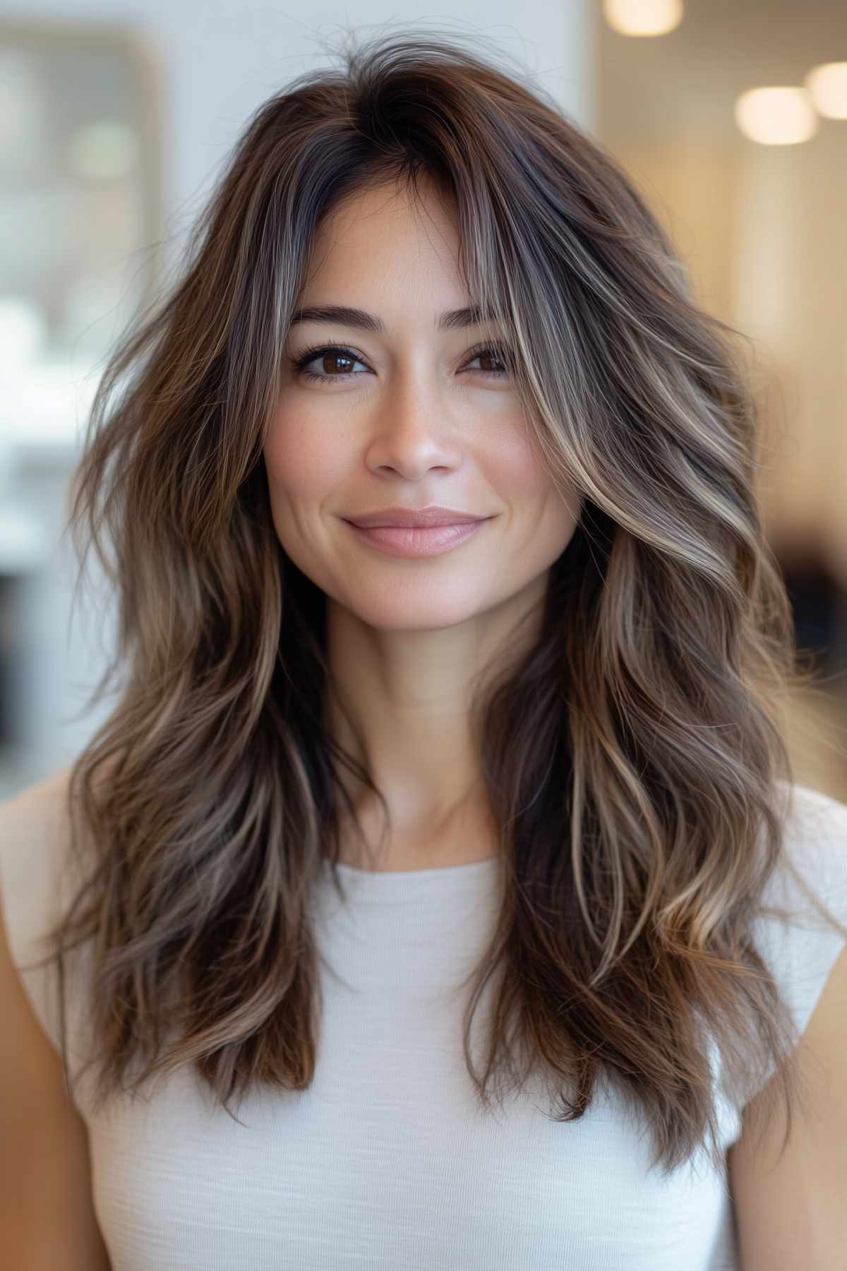 Shaggy long hair with textured layers and natural brown with lighter highlights