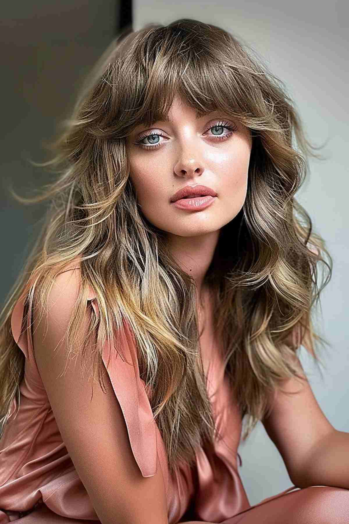 Woman with shaggy long layers and Bardot bangs, styled for a retro bohemian look.