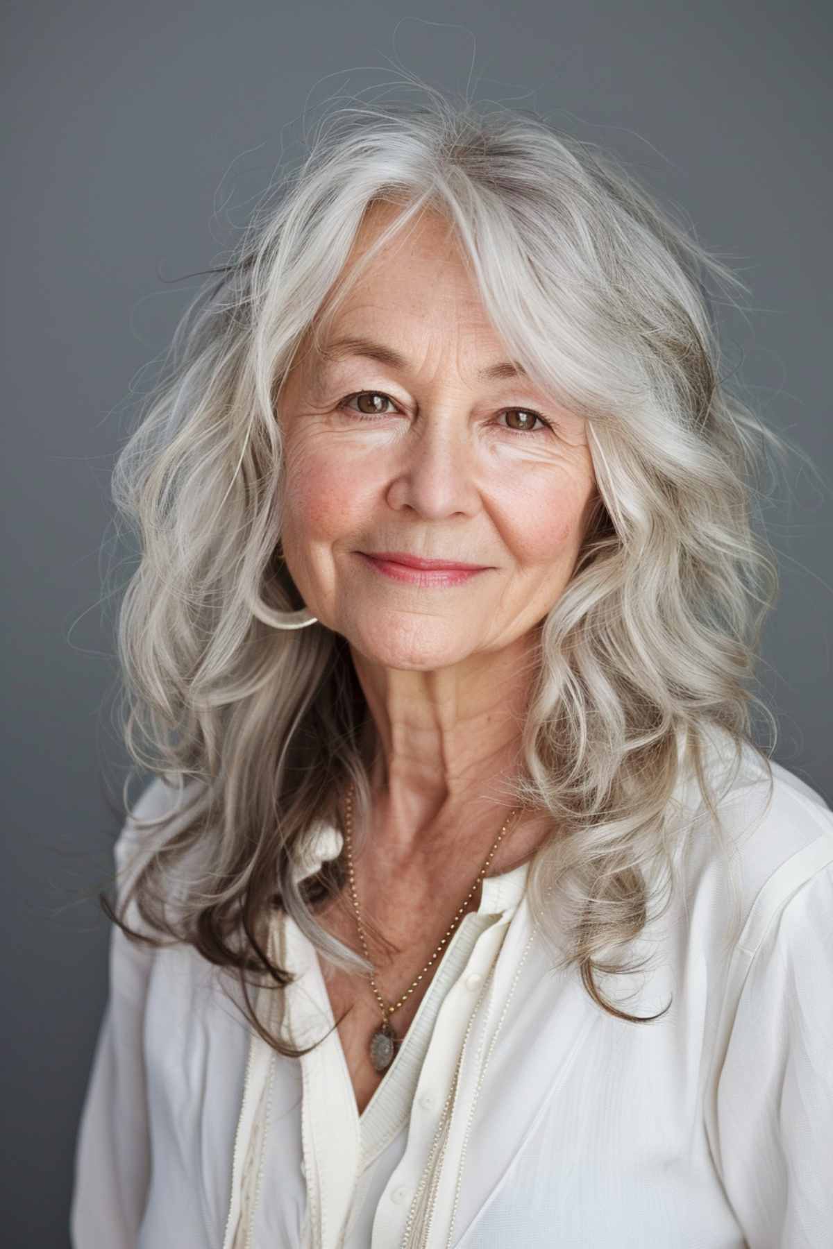 Shaggy medium-length grey hair with choppy layers on a woman