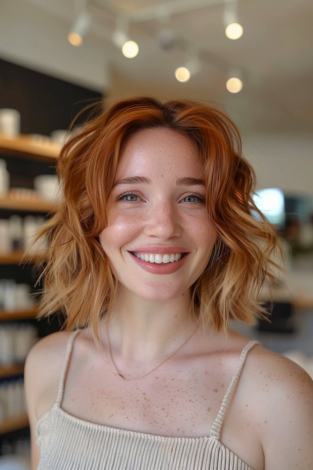 Messy textured shaggy bob with tousled waves