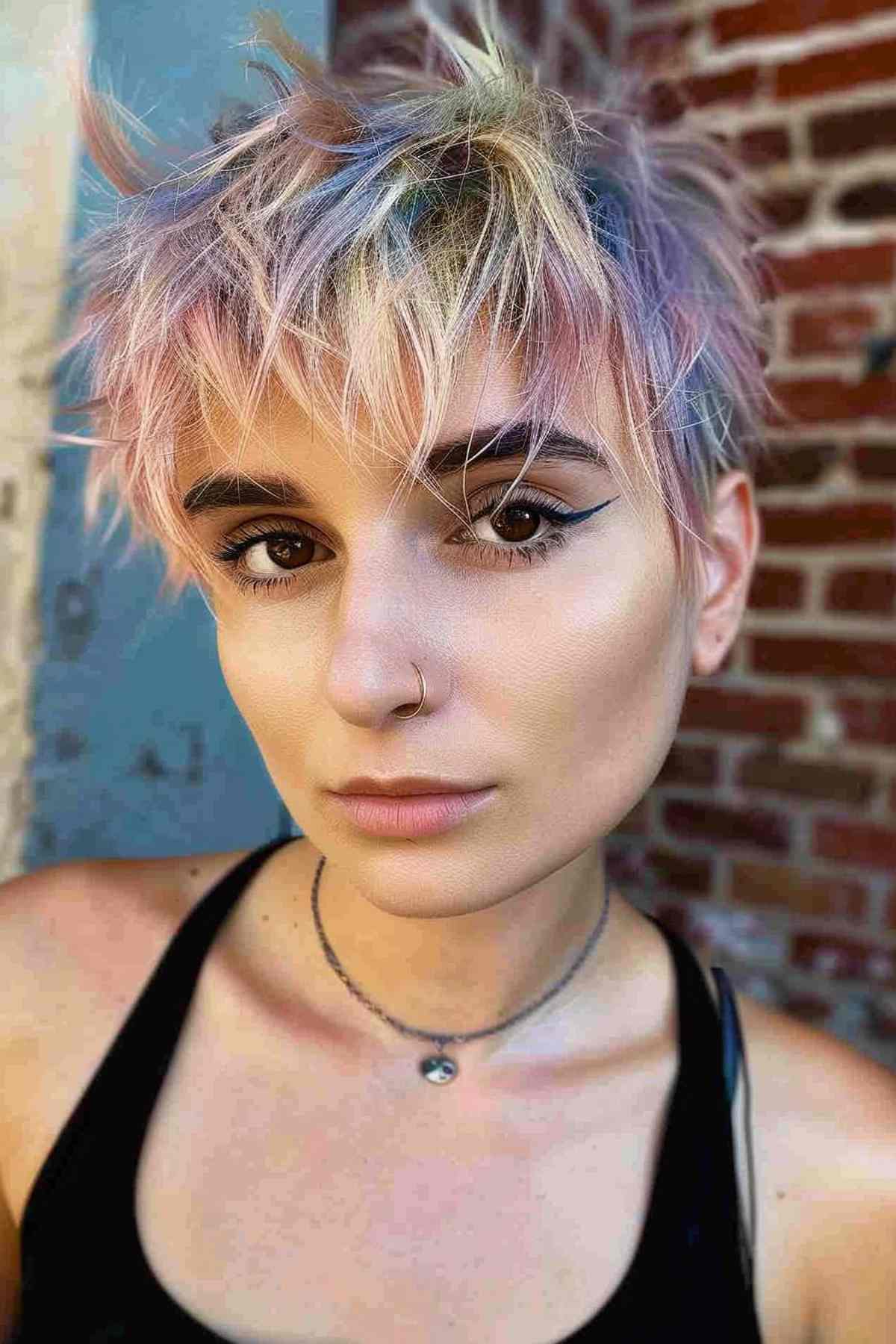 Shaggy pastel long pixie cut with multidimensional colors