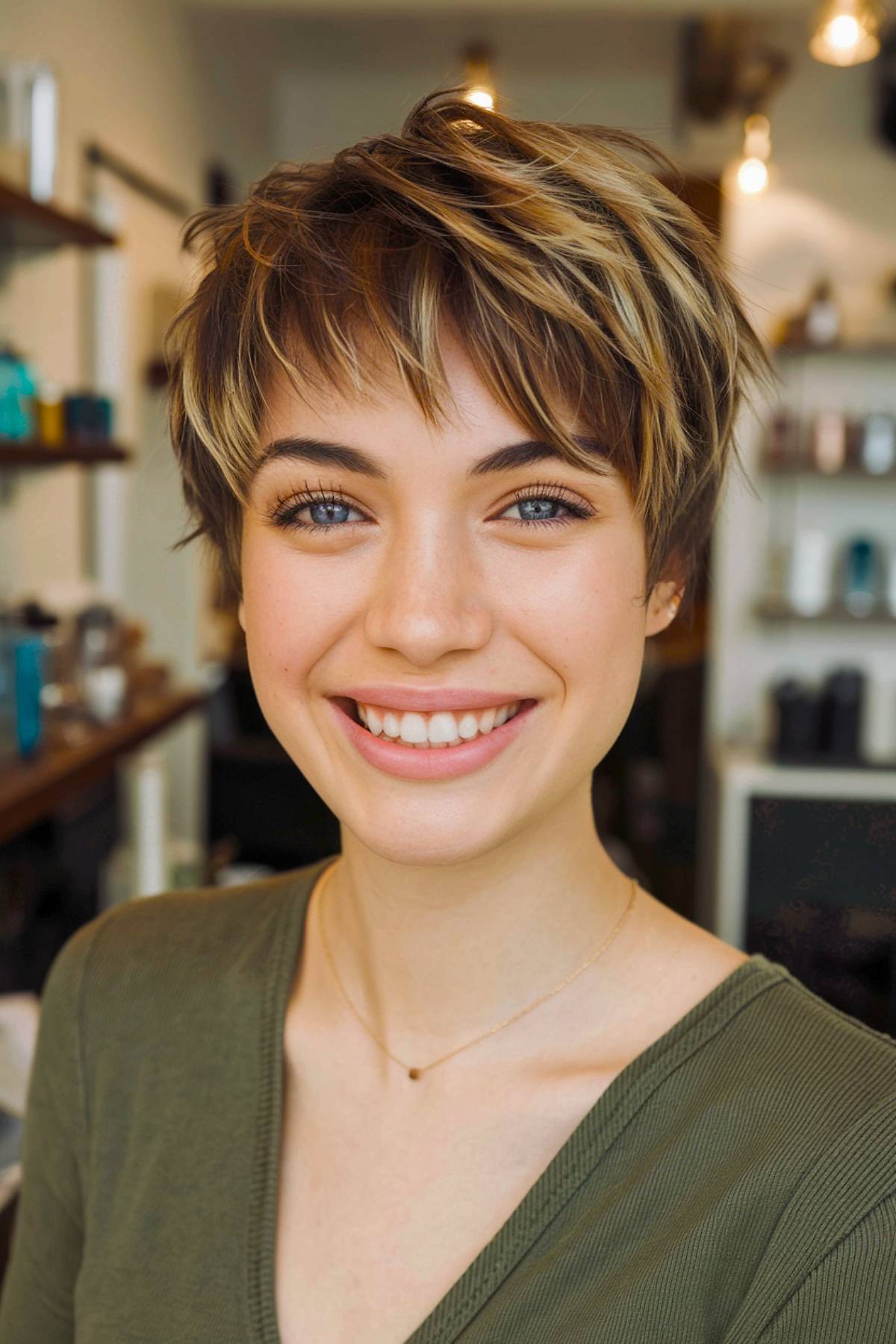 Shaggy pixie cut with tousled layers and highlighted tips for a modern, voluminous finish