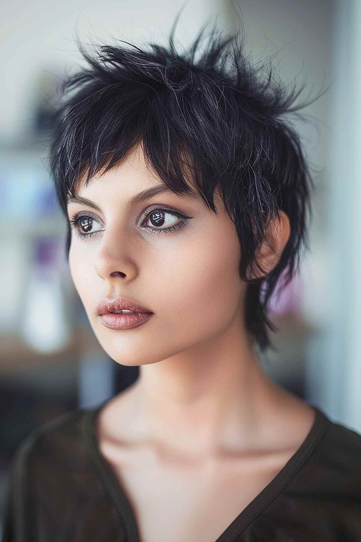 Shaggy pixie elf haircut with choppy layers and a bold dark color.