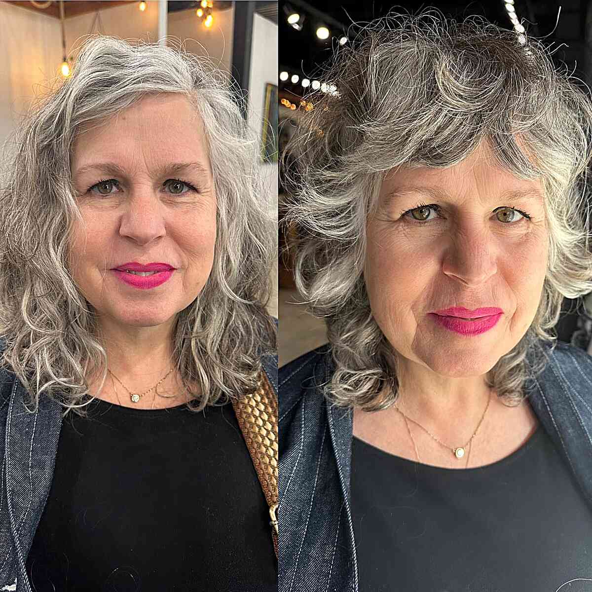Shaggy Salt-and-Pepper Short Hair with Feathery Layers and Bangs on Mature Women with Rounded Faces