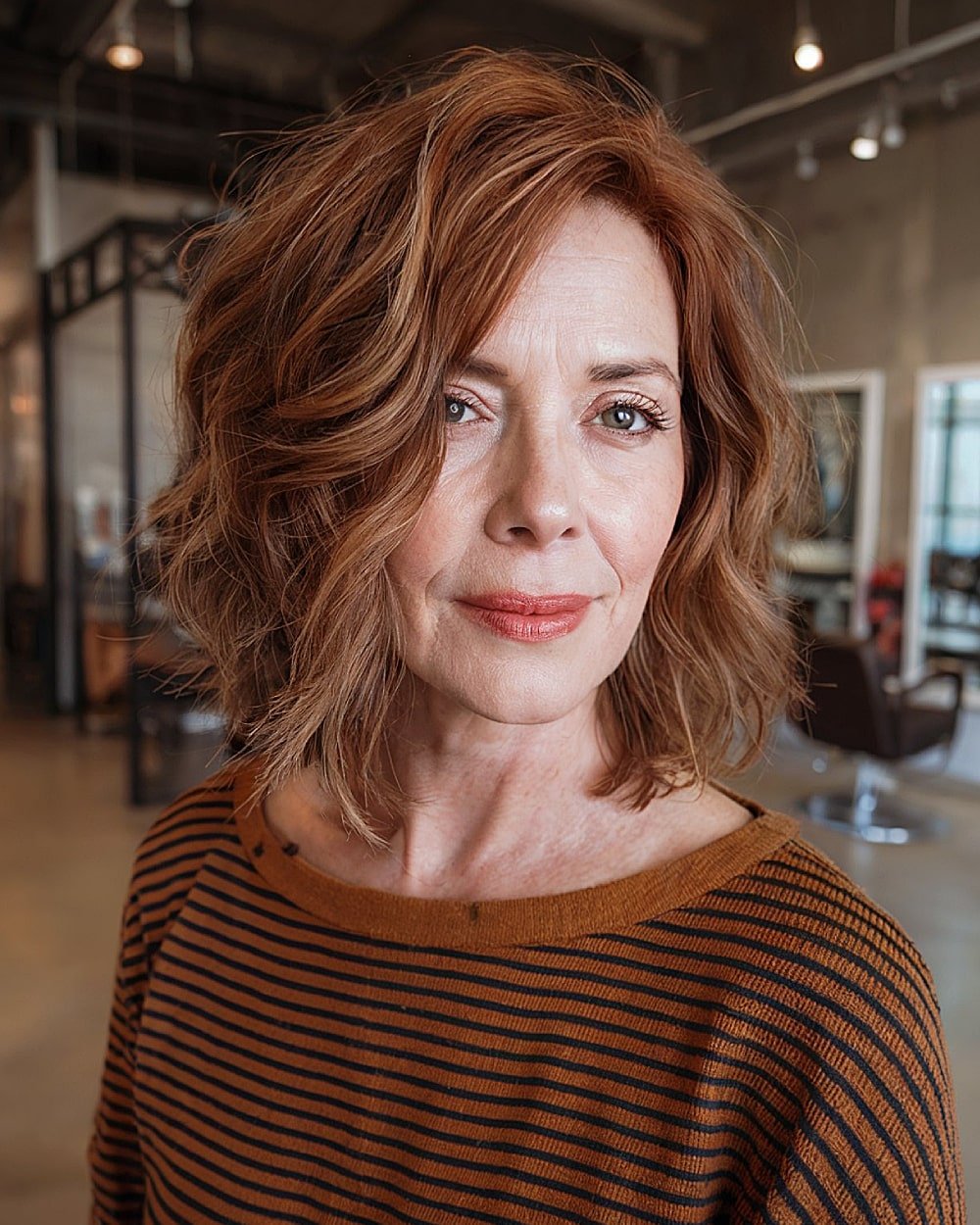 Shaggy copper bob with loose waves and side part for older women with thick hair