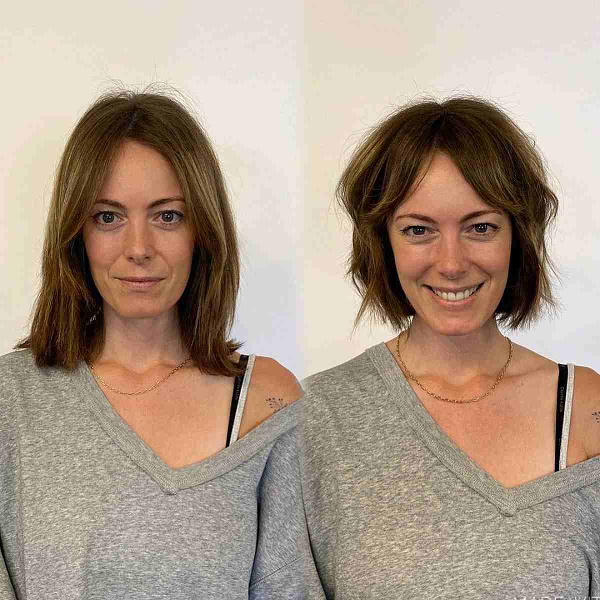 Shaggy textured bob hair with wispy layers and curtain bangs