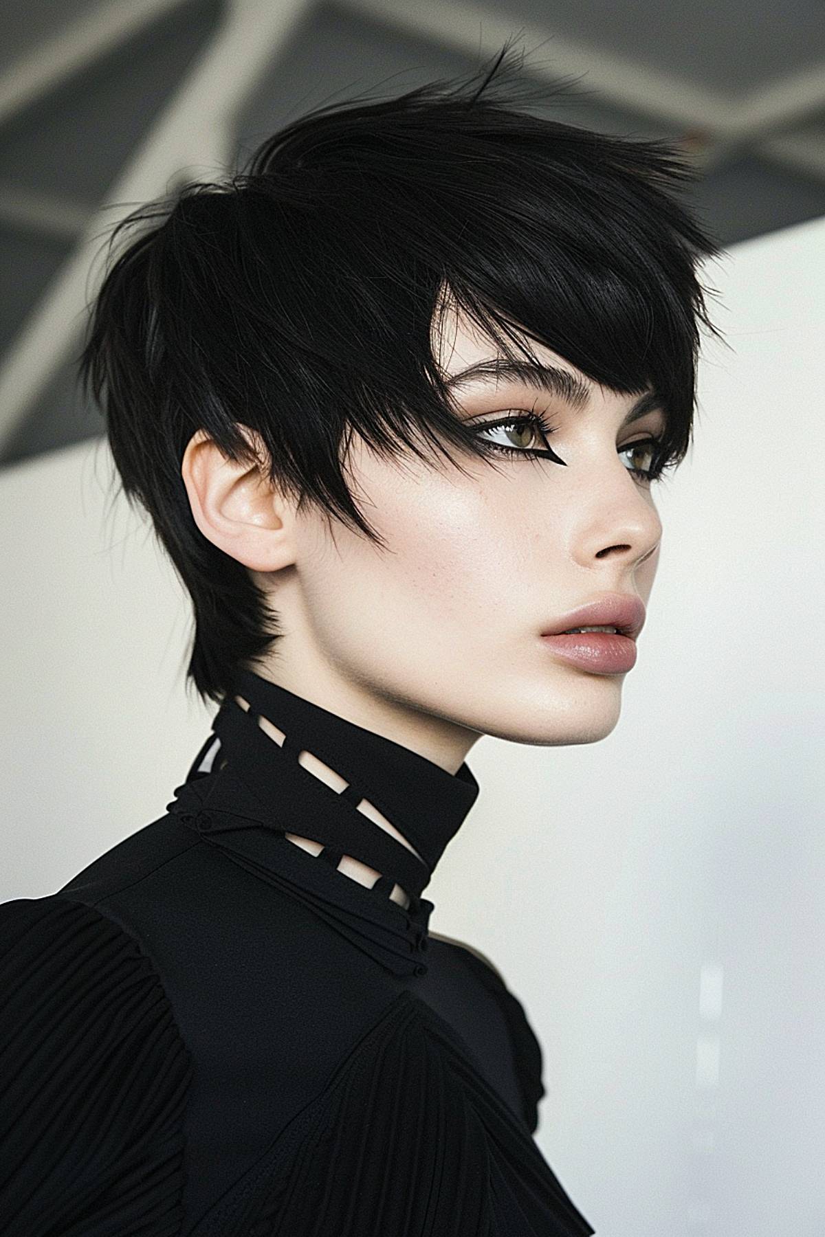 Sleek black pixie haircut with jagged edges