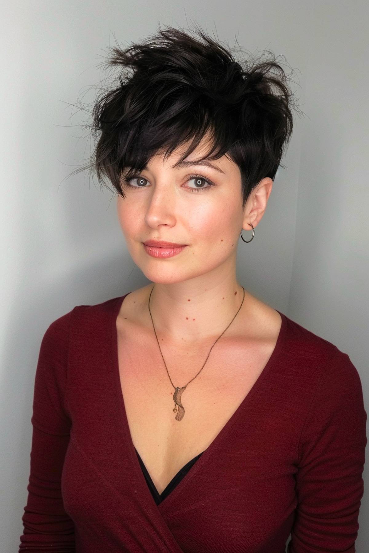 Shatterchic pixie hairstyle with dramatic texture and deep black color