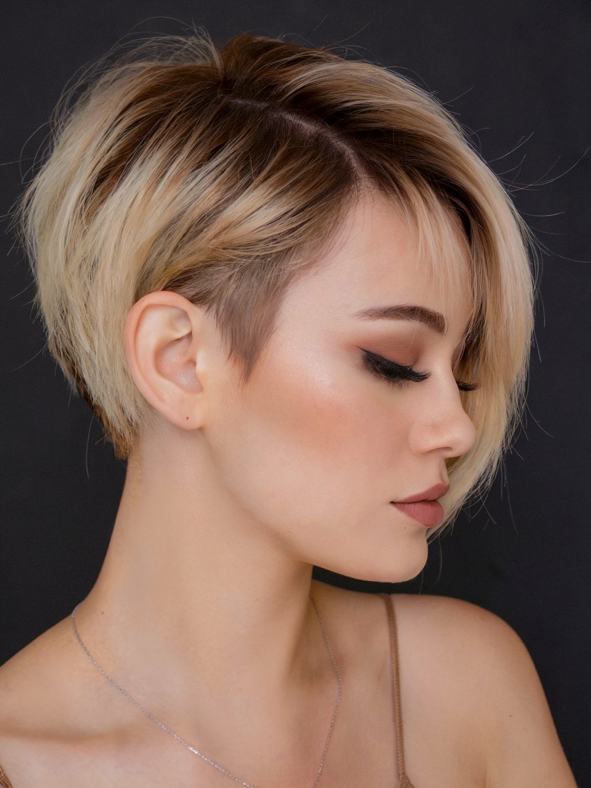 Shaved short pixie bob with asymmetrical front and shaved side for fine hair