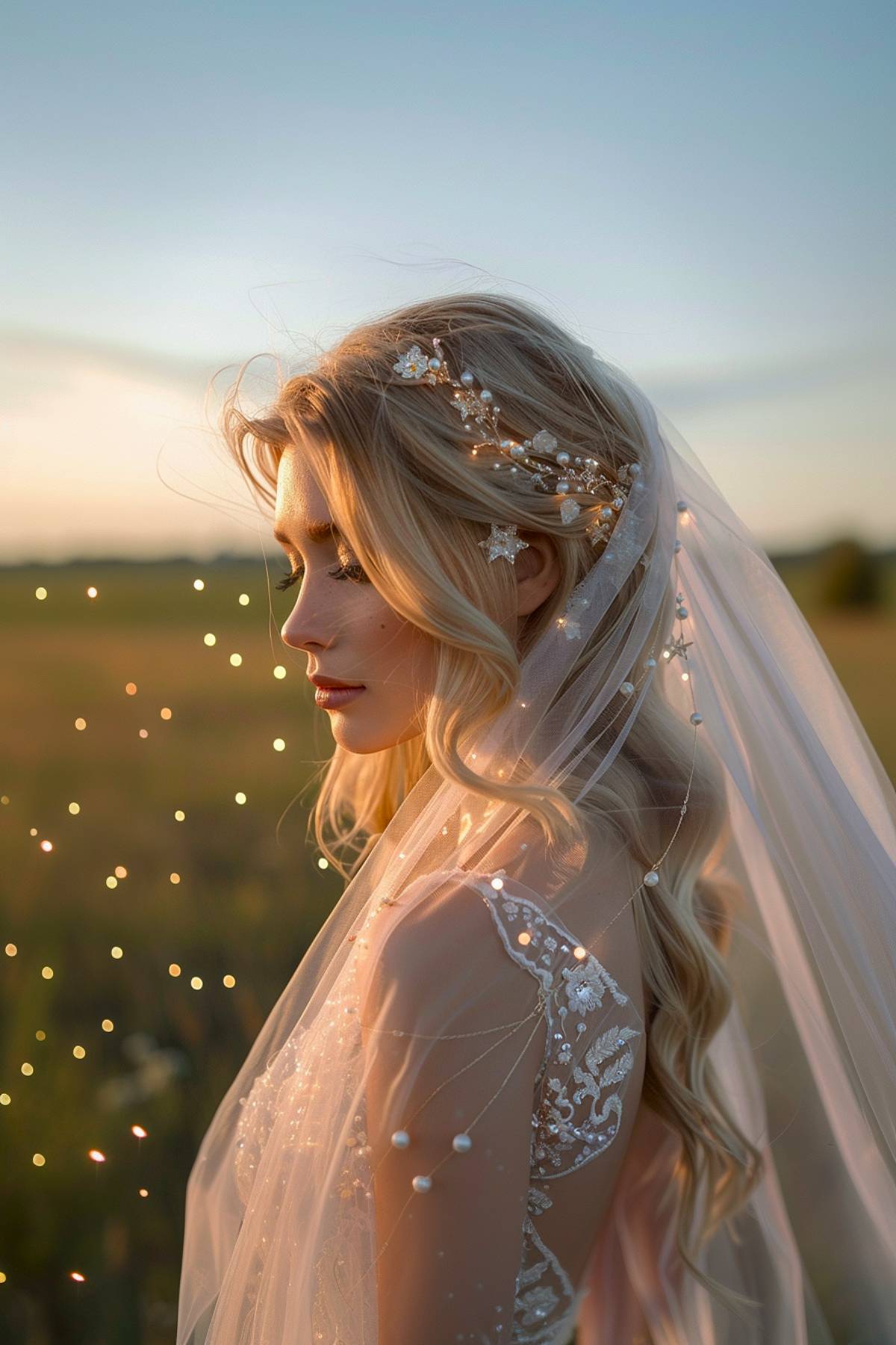 Golden blonde waves with pearl accessories for a bridal look