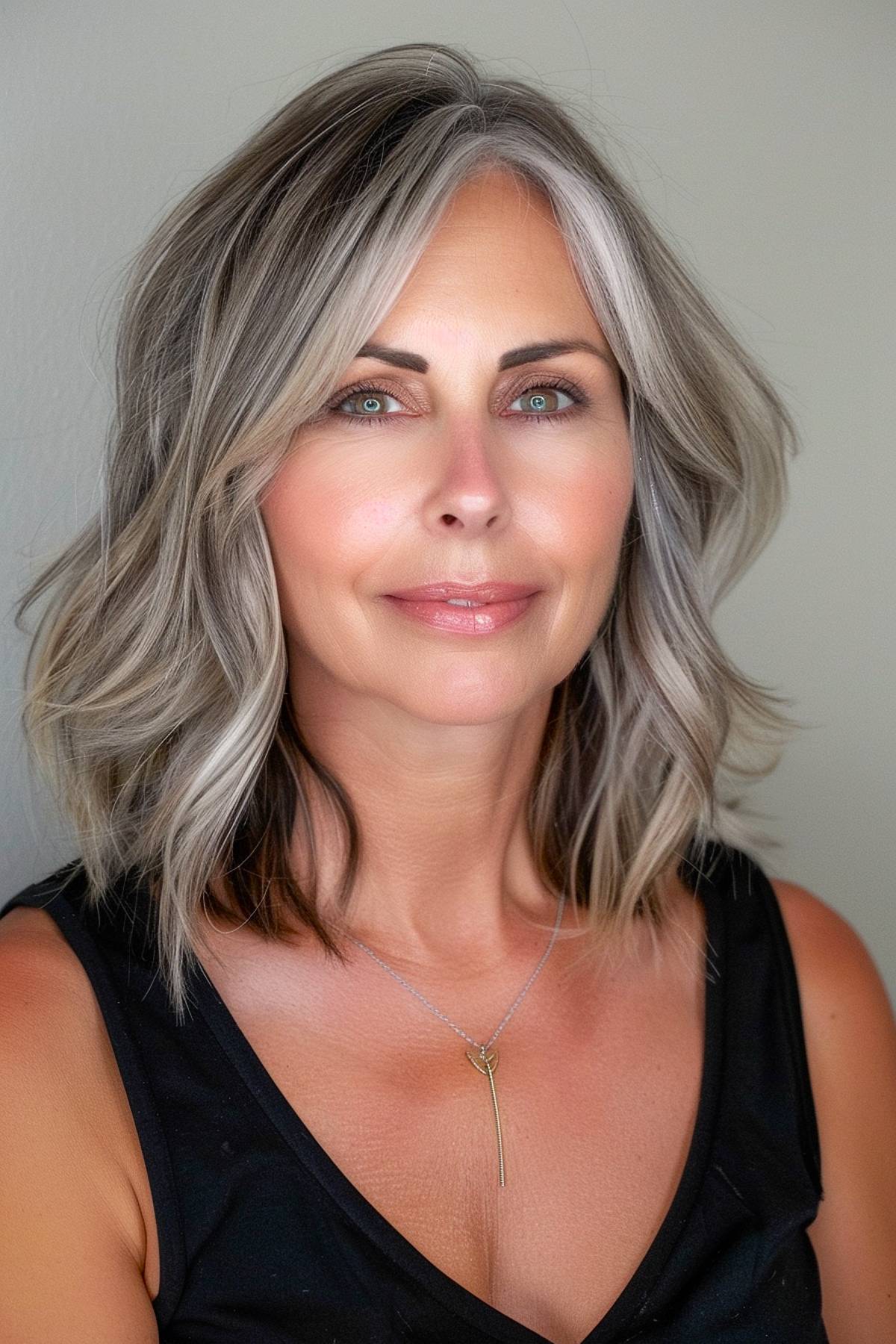 Long bob with cascading layers and highlights for fine hair