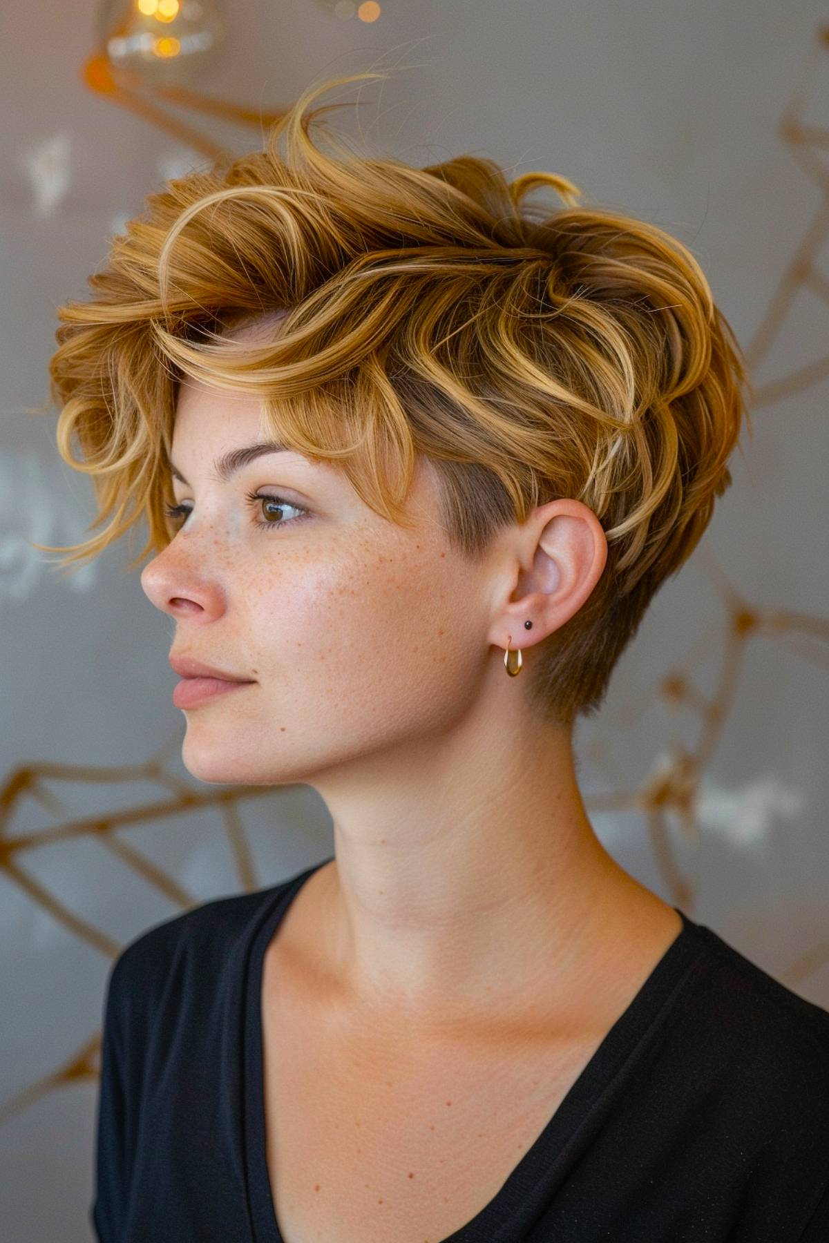 Golden blonde wavy pixie haircut with soft layers