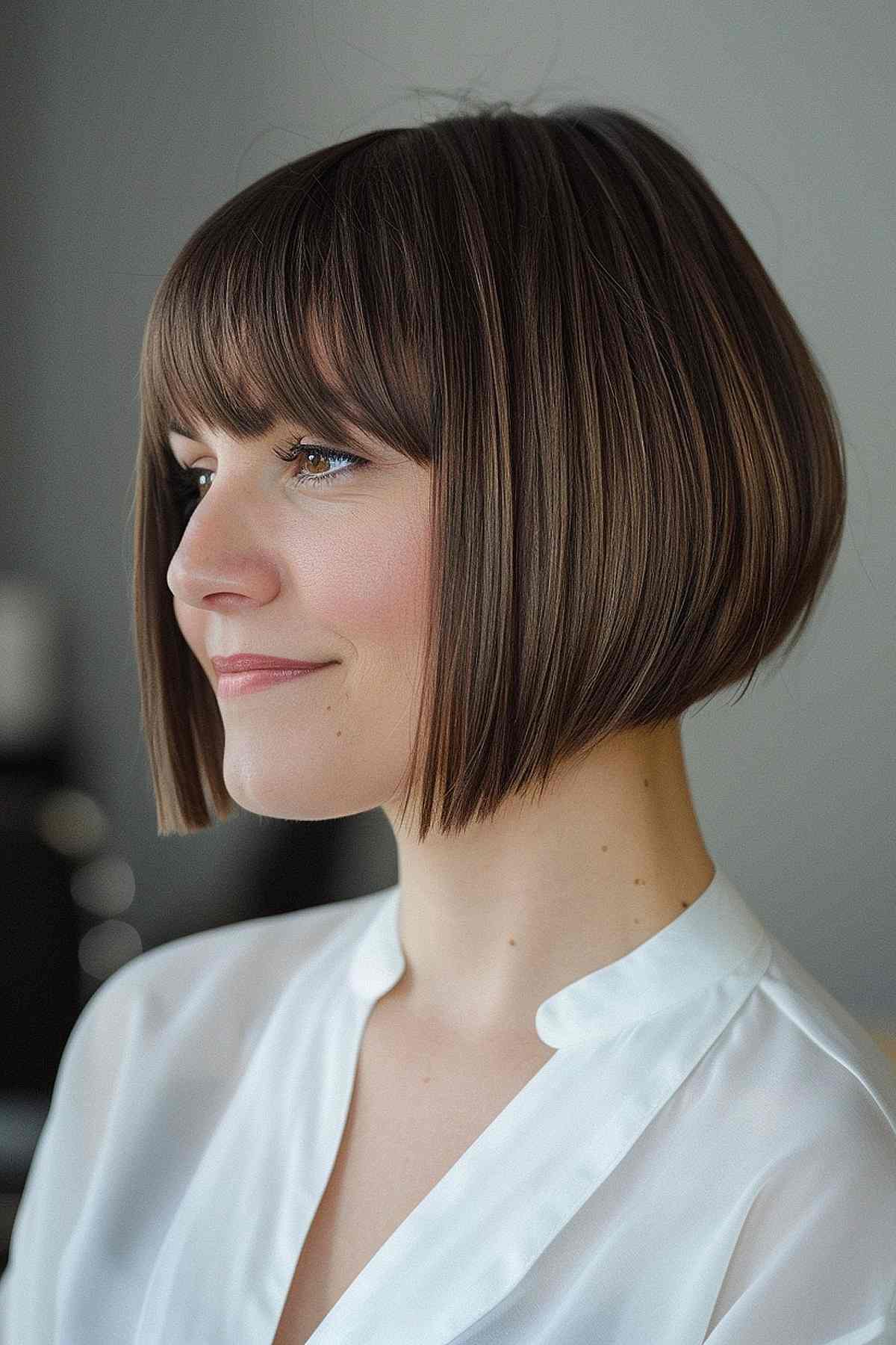 A short A-line bob with fringe and sleek, straight bangs perfect for fine hair.
