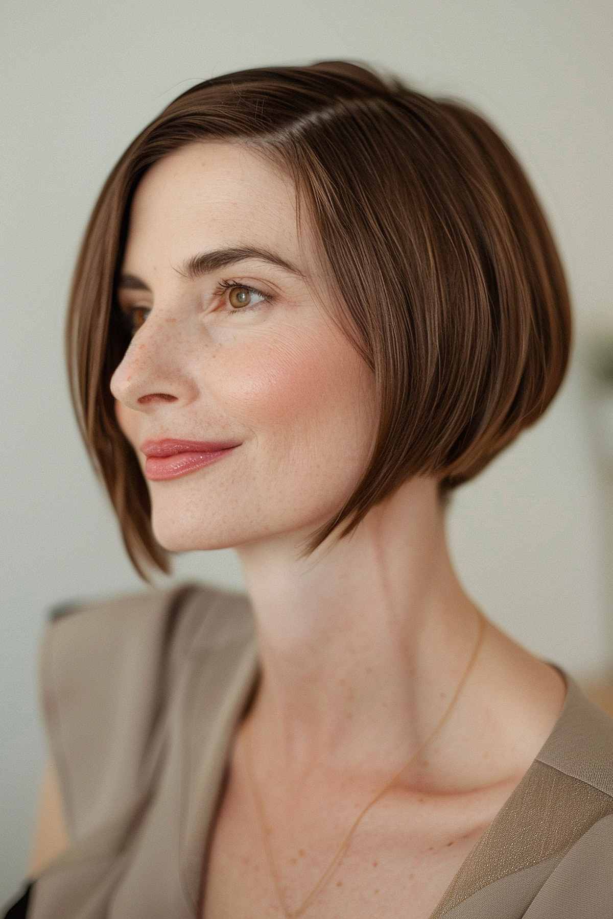 The short A-line cut with a deep side part gives a dramatic and modern look.