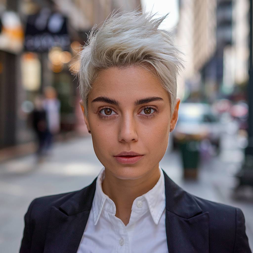 Bold short spiky pixie with icy blonde color, adding texture and an edgy touch for fine hair